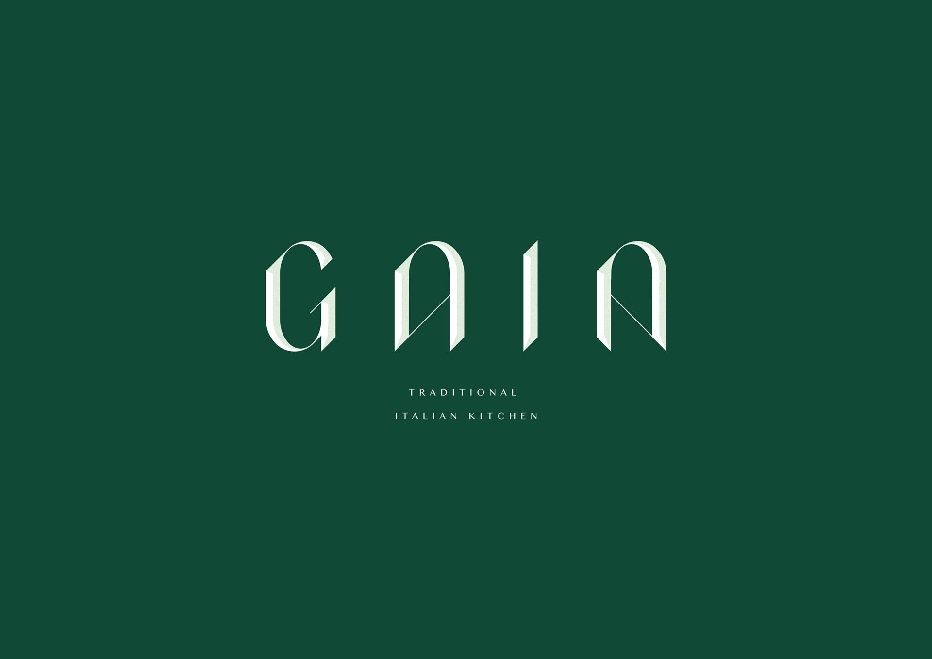 Gaia logo, tall serif letters in cream on dark green with traditional Italian kitchen lettering