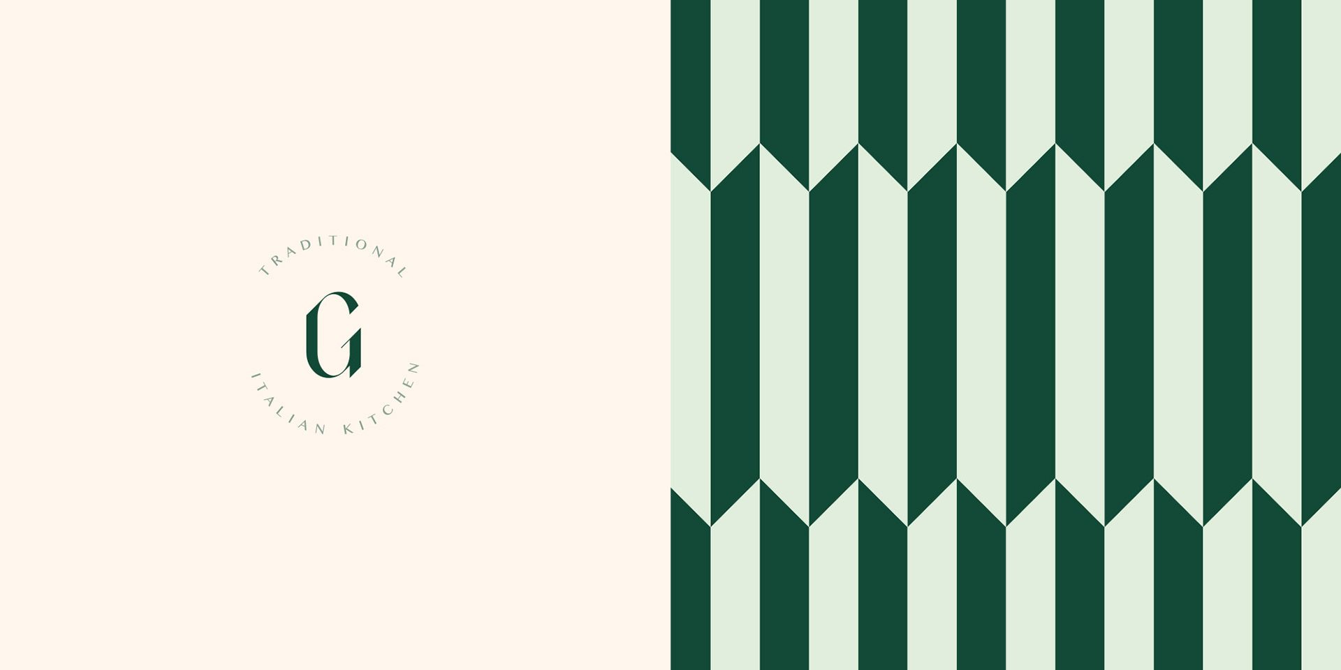 Gaia round G badge on cream beside a green chevron stripe pattern