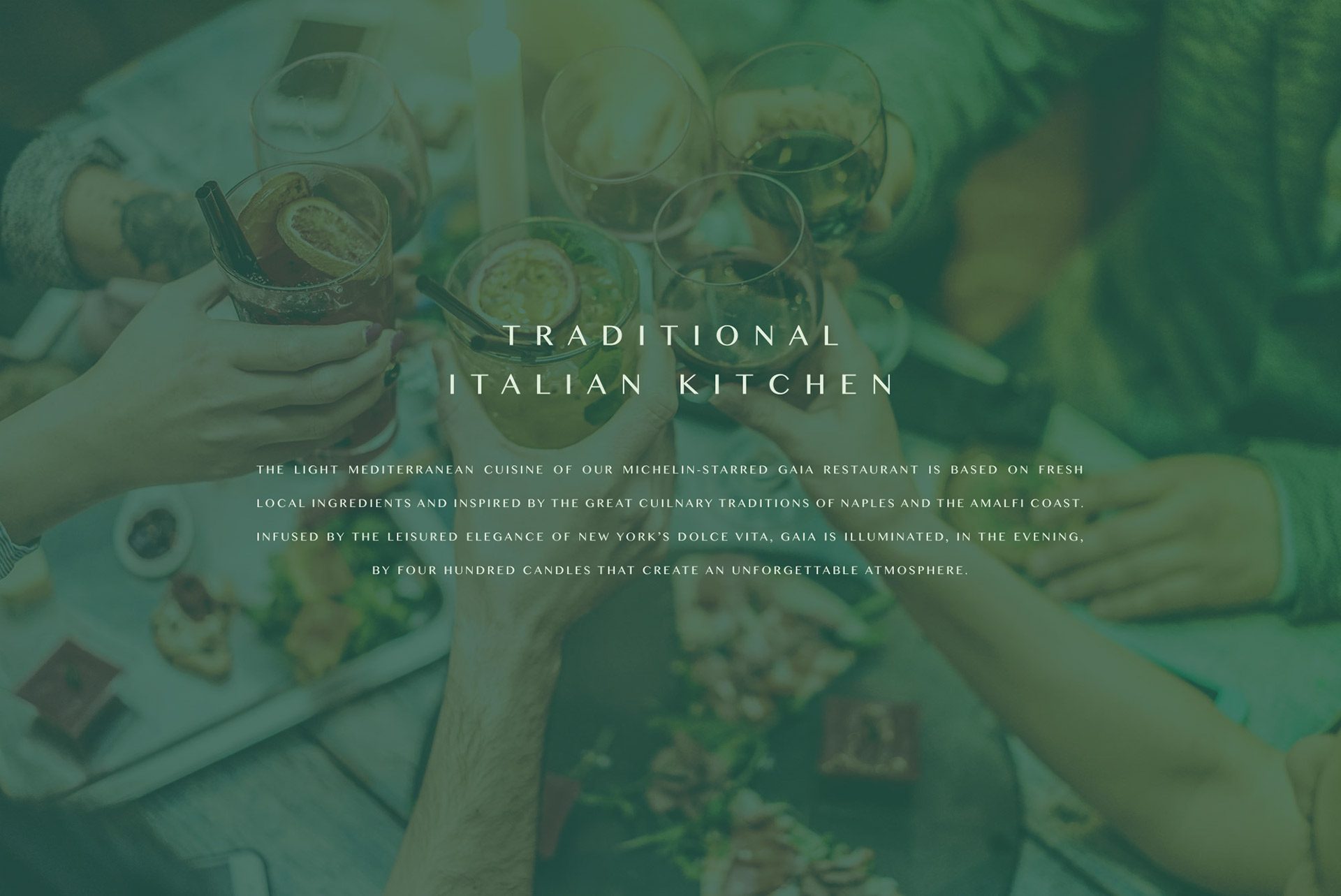 Gaia banner with a traditional Italian kitchen headline over a green tinted table photo