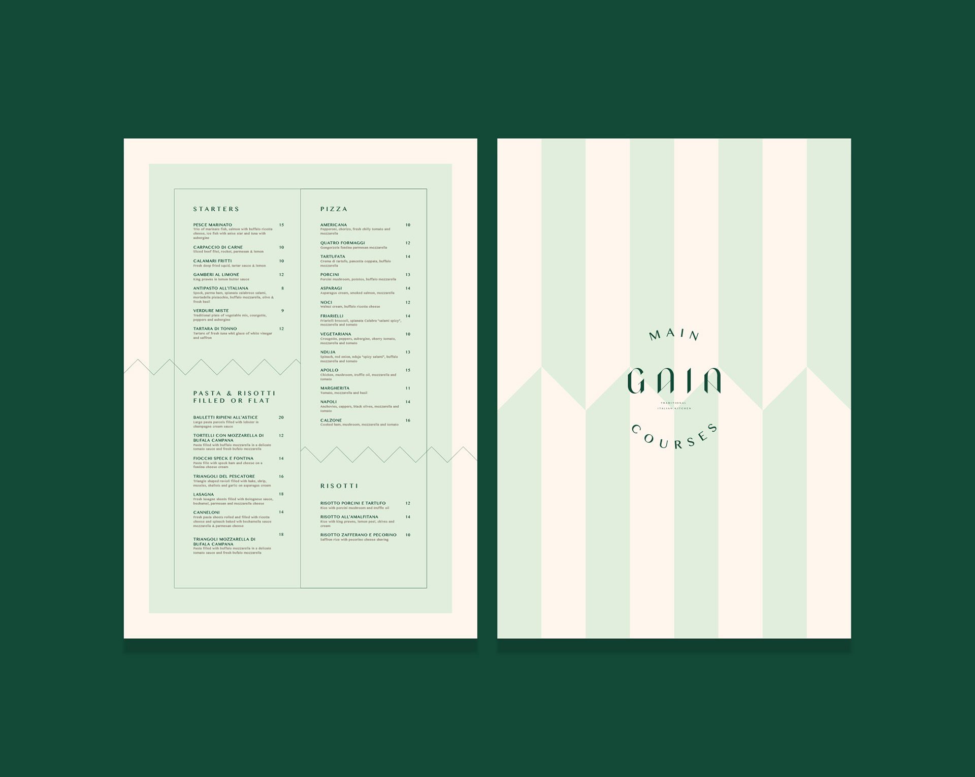 Gaia menu pair, a starters and pasta page and a striped cover with the wordmark