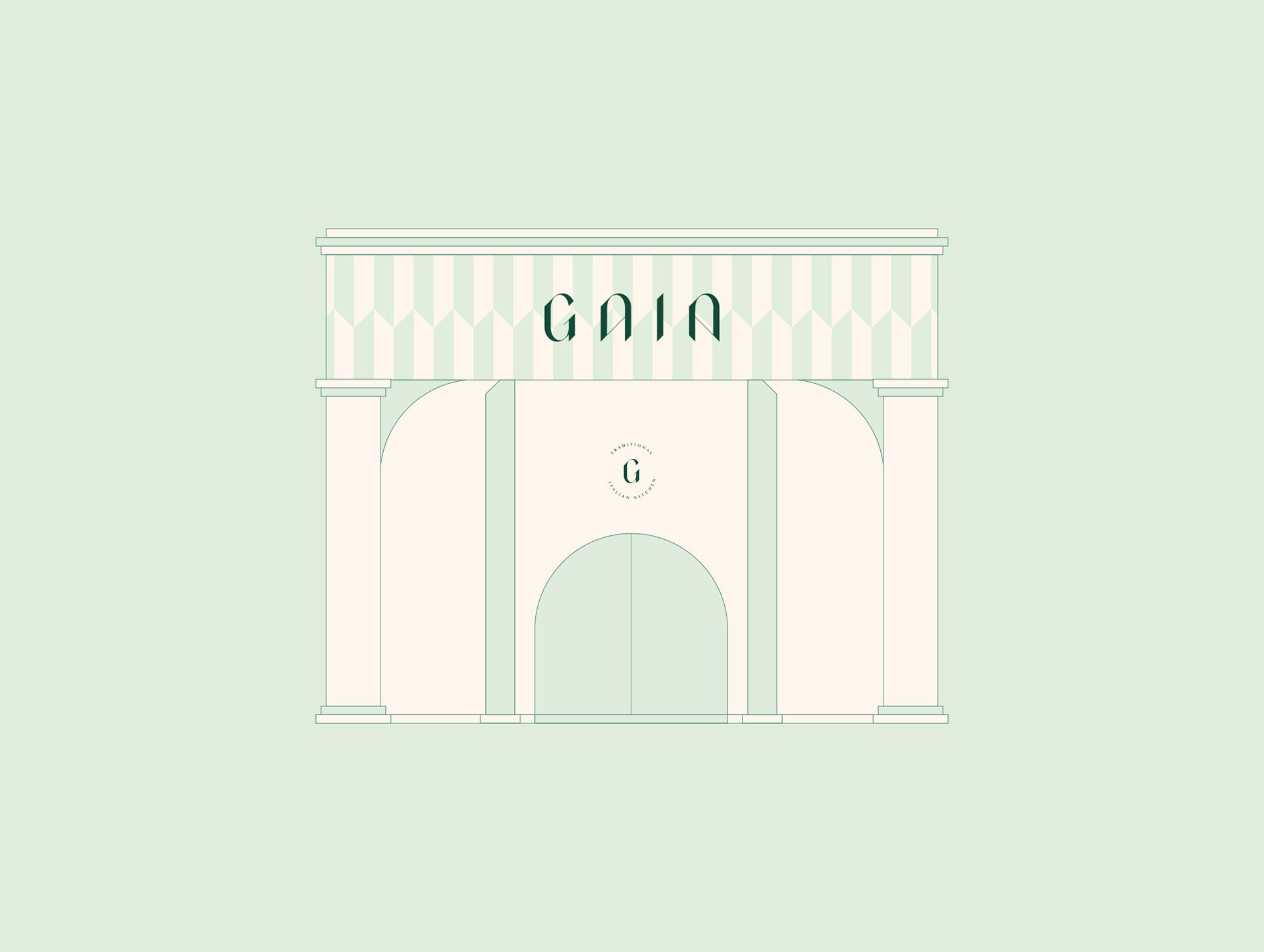 Gaia illustrated storefront with a striped awning and an arched doorway on mint