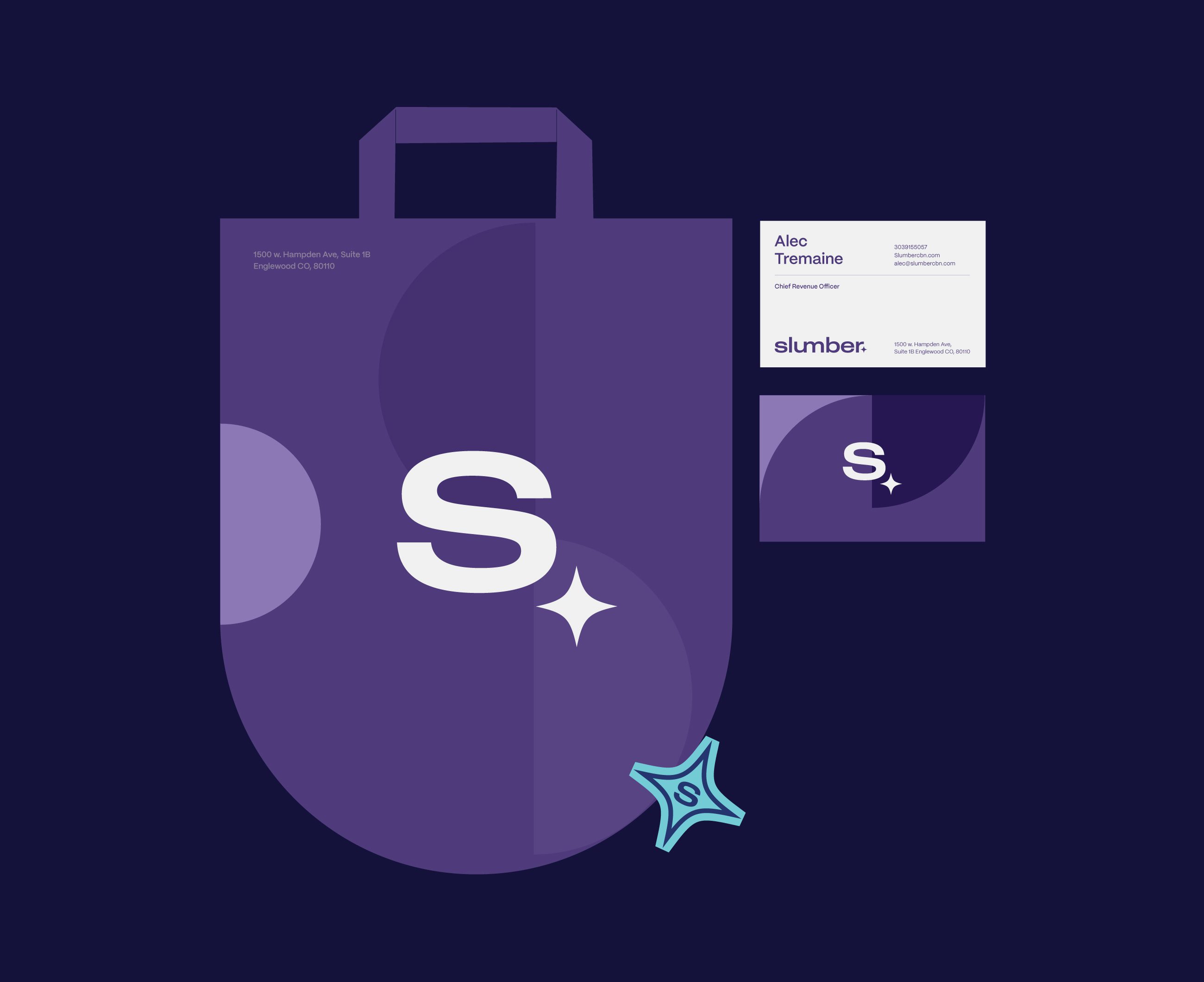 Purple Slumber tote bag with the S mark, business cards and a star charm