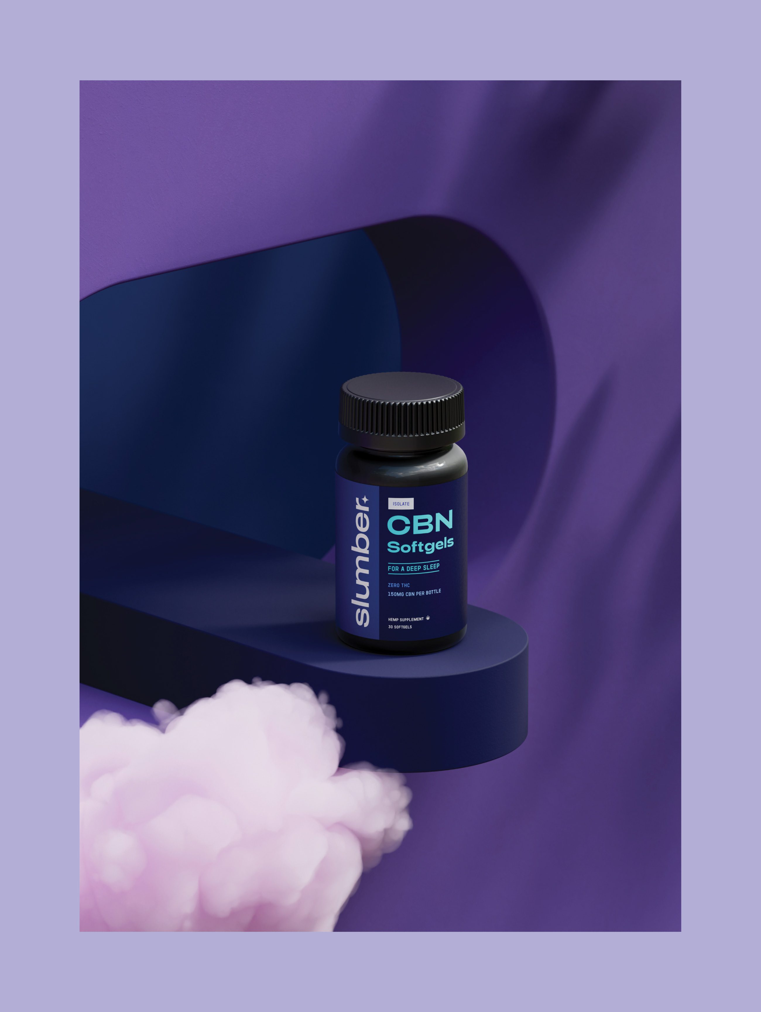 Slumber softgels bottle on a curved navy podium with a pink cloud