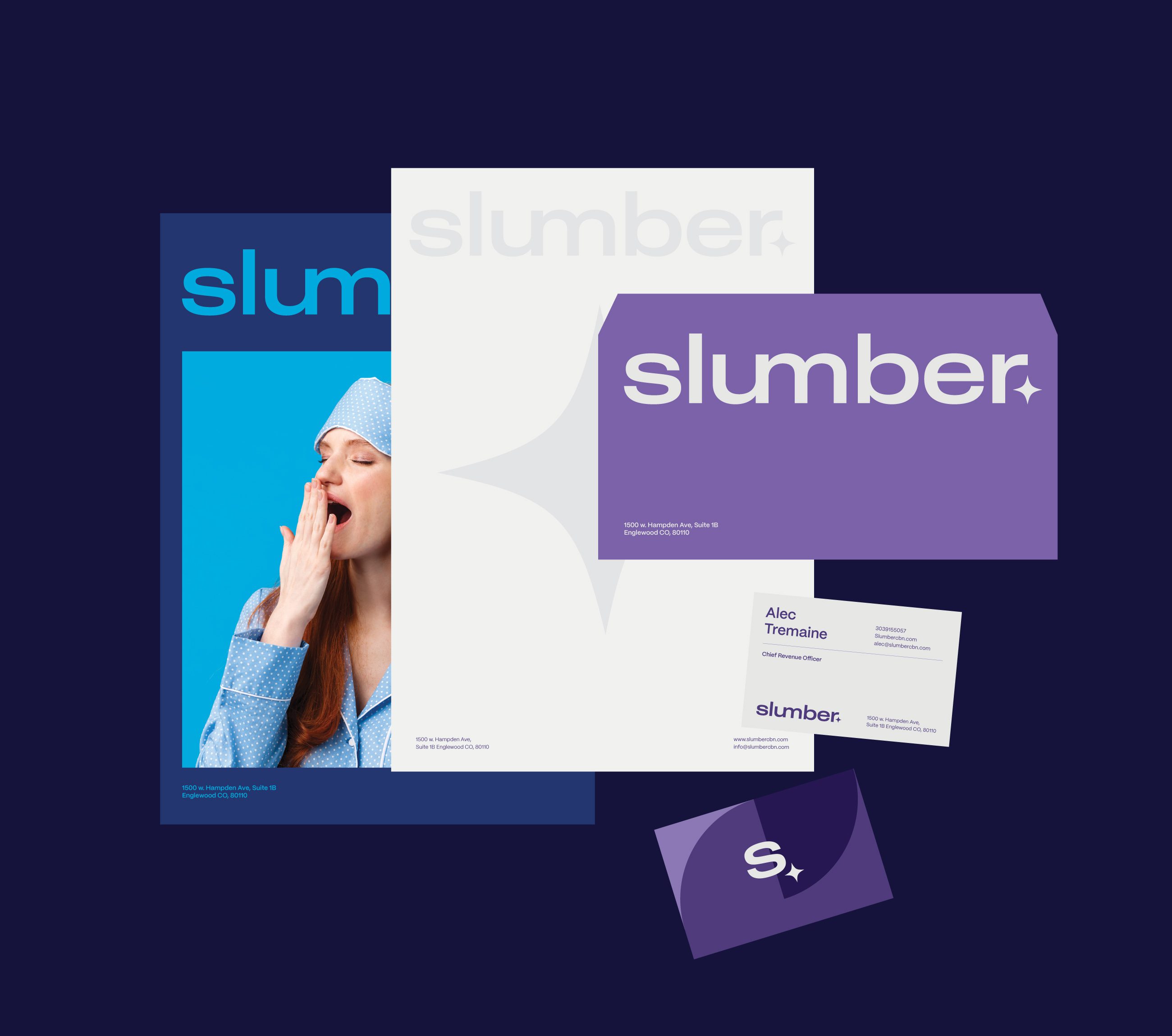Slumber stationery set with a yawning portrait poster, letterhead and cards