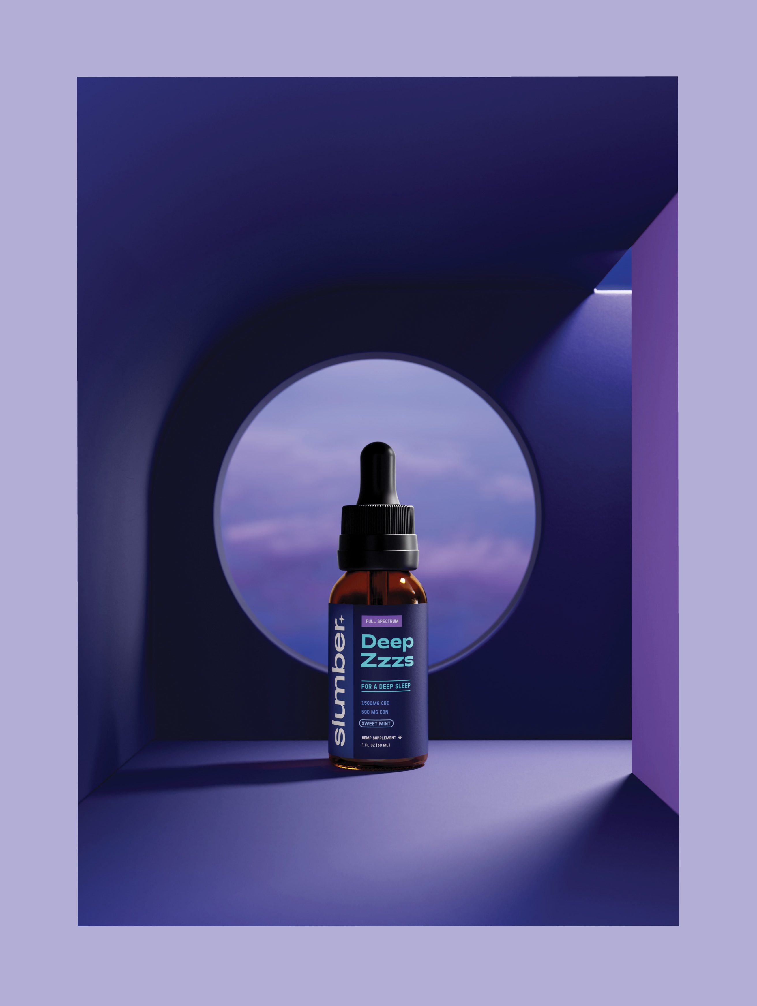 Deep Zzzs dropper bottle in a purple tunnel with a round sky window