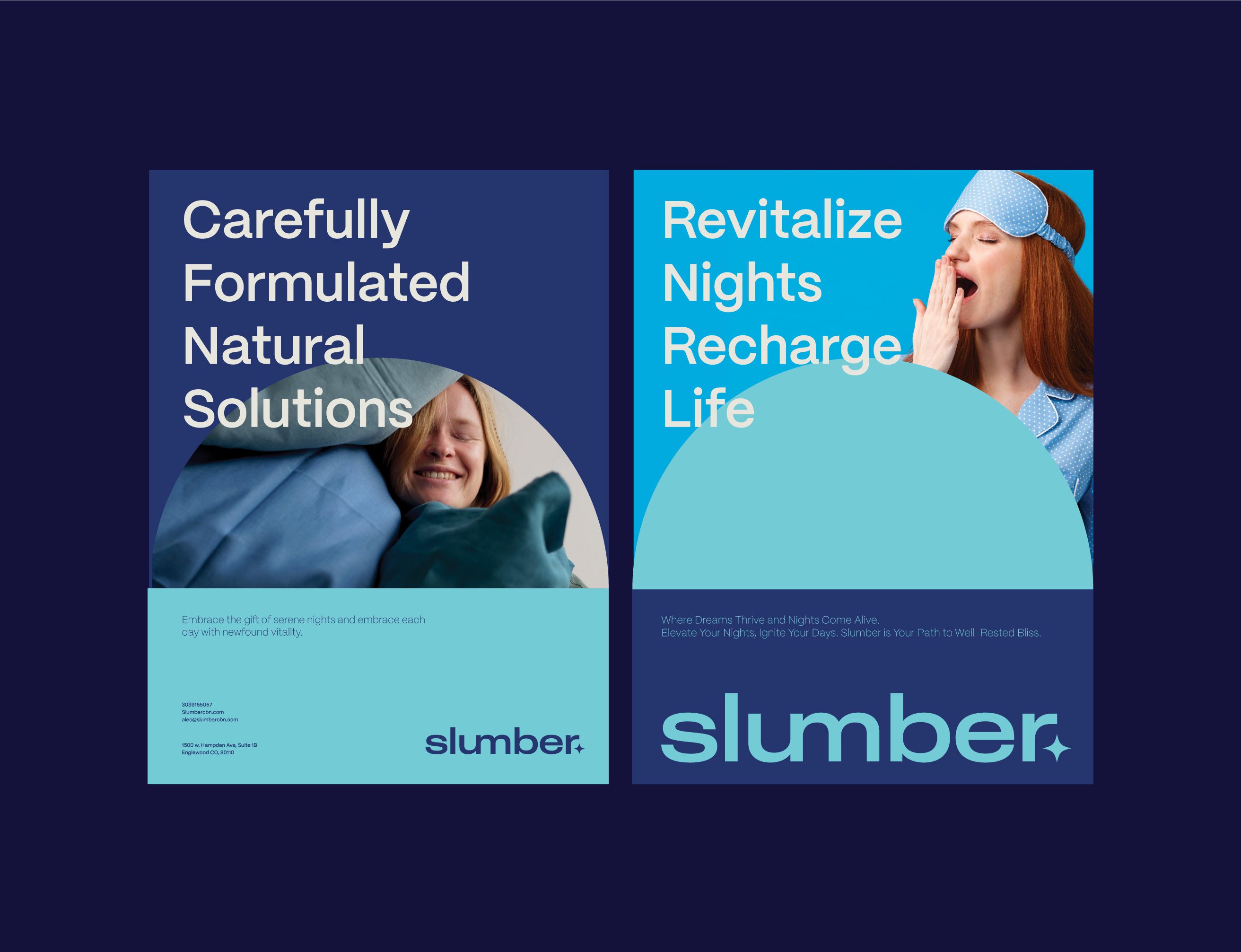 Two navy Slumber posters with sleeping portraits and teal panels