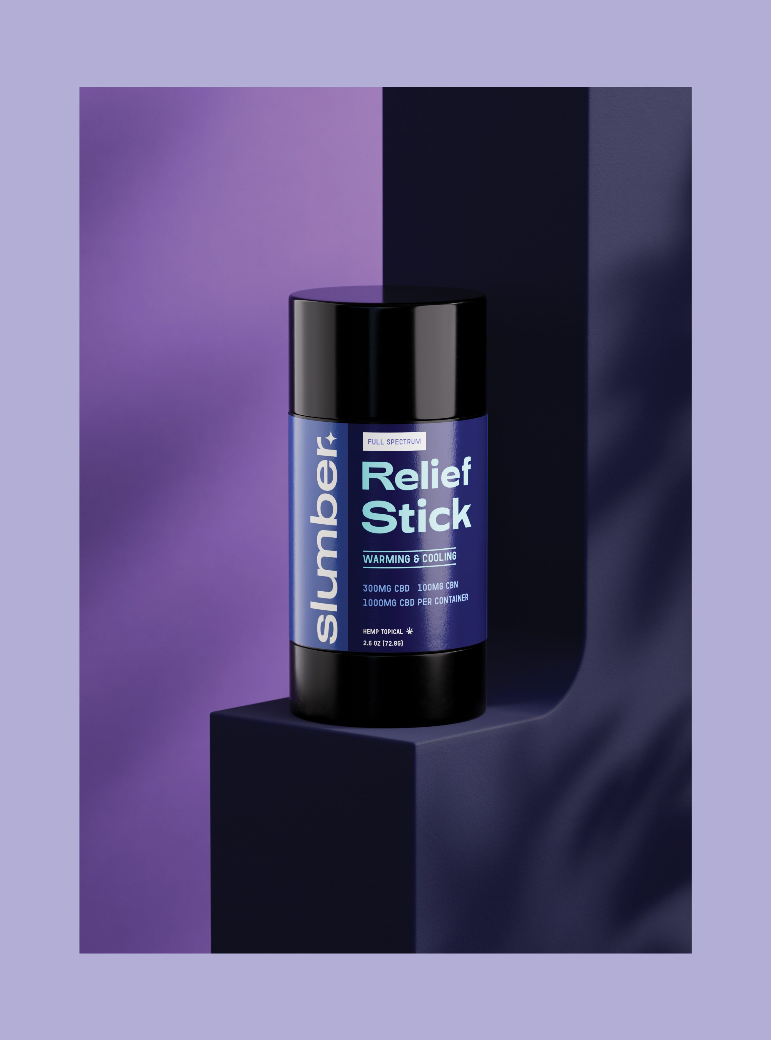 Relief Stick balm on a navy block against a purple wall