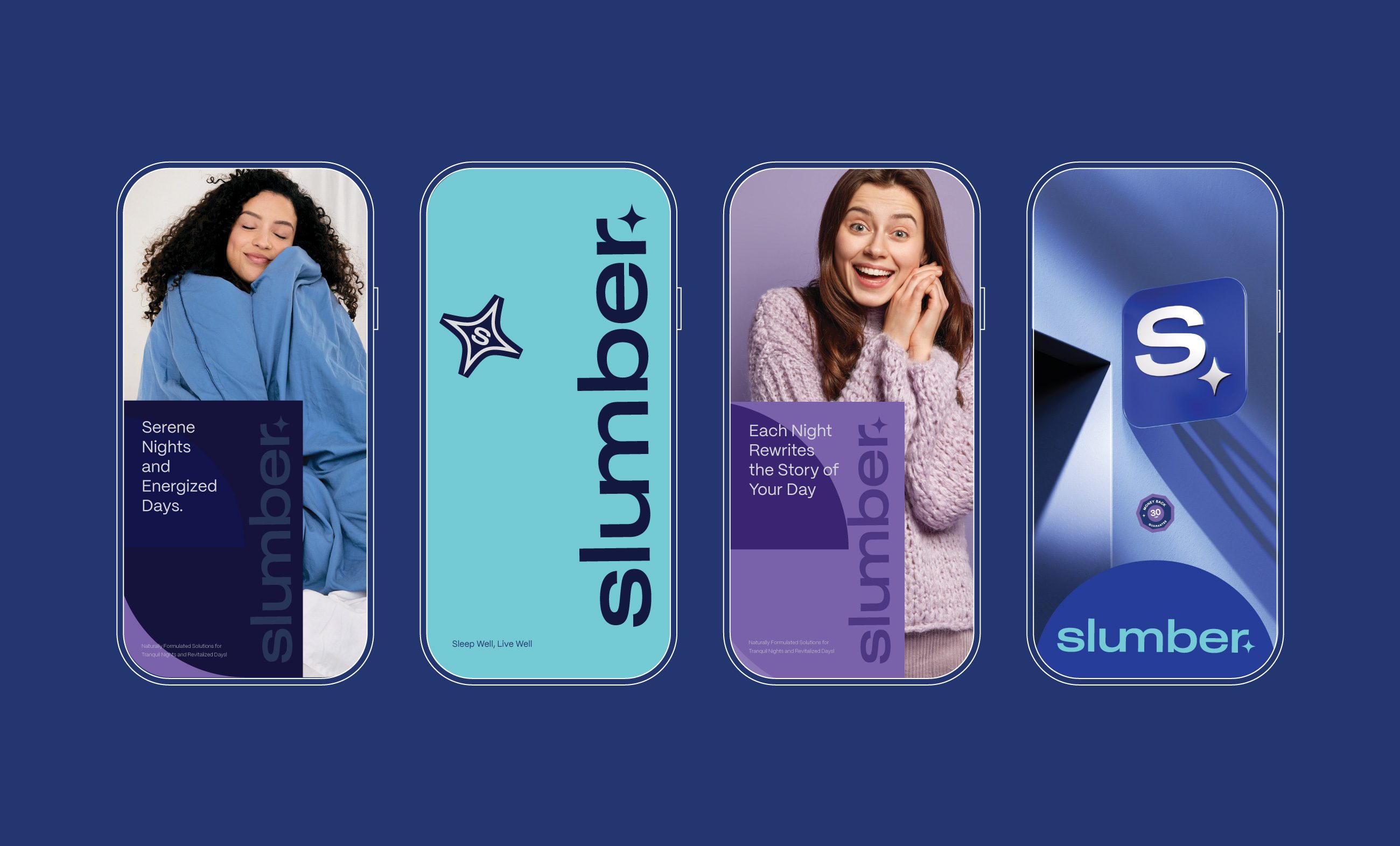 Four Slumber phone wallpapers with portraits and the teal wordmark