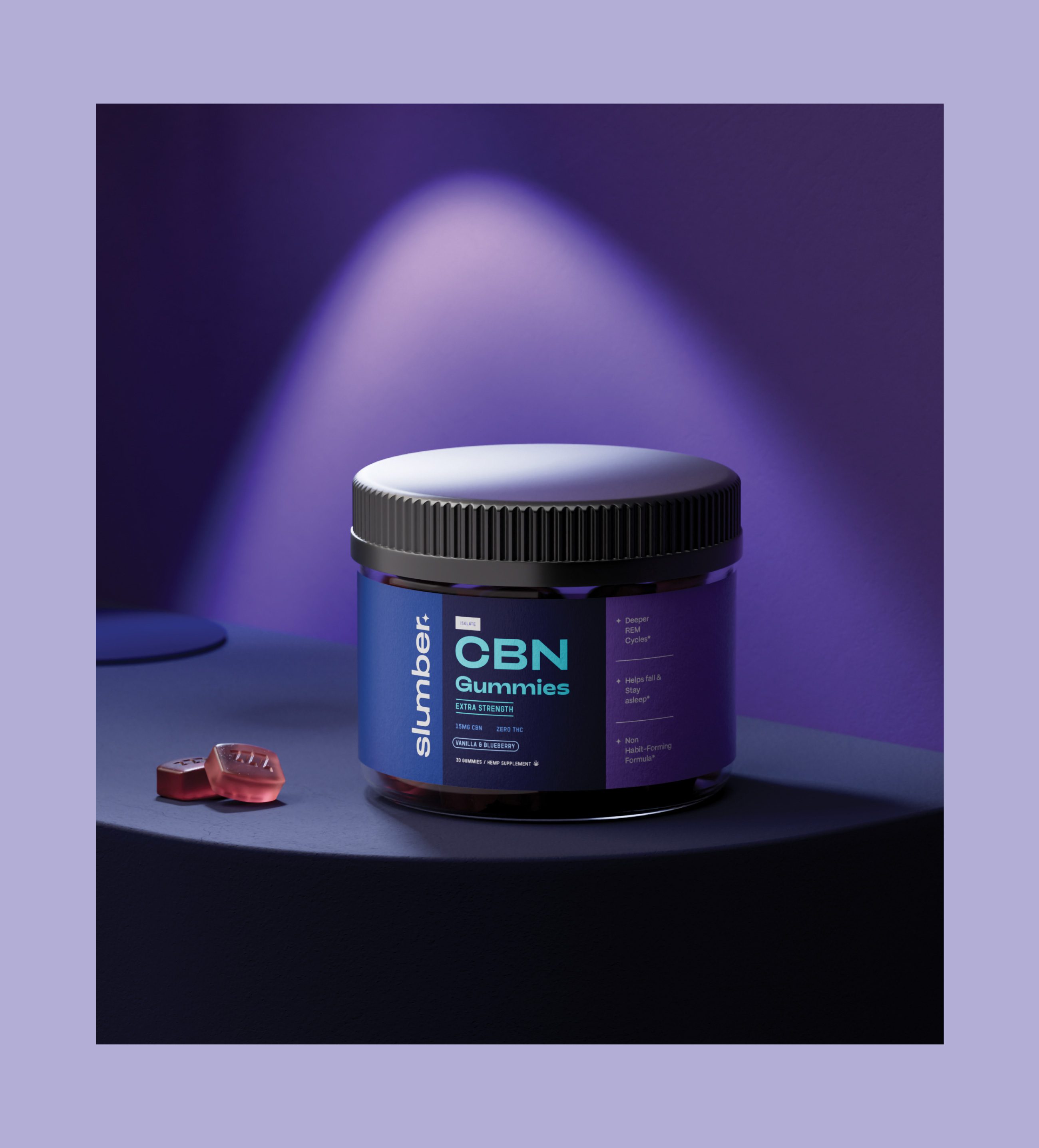 Slumber gummies jar under a spotlight on a dark round table