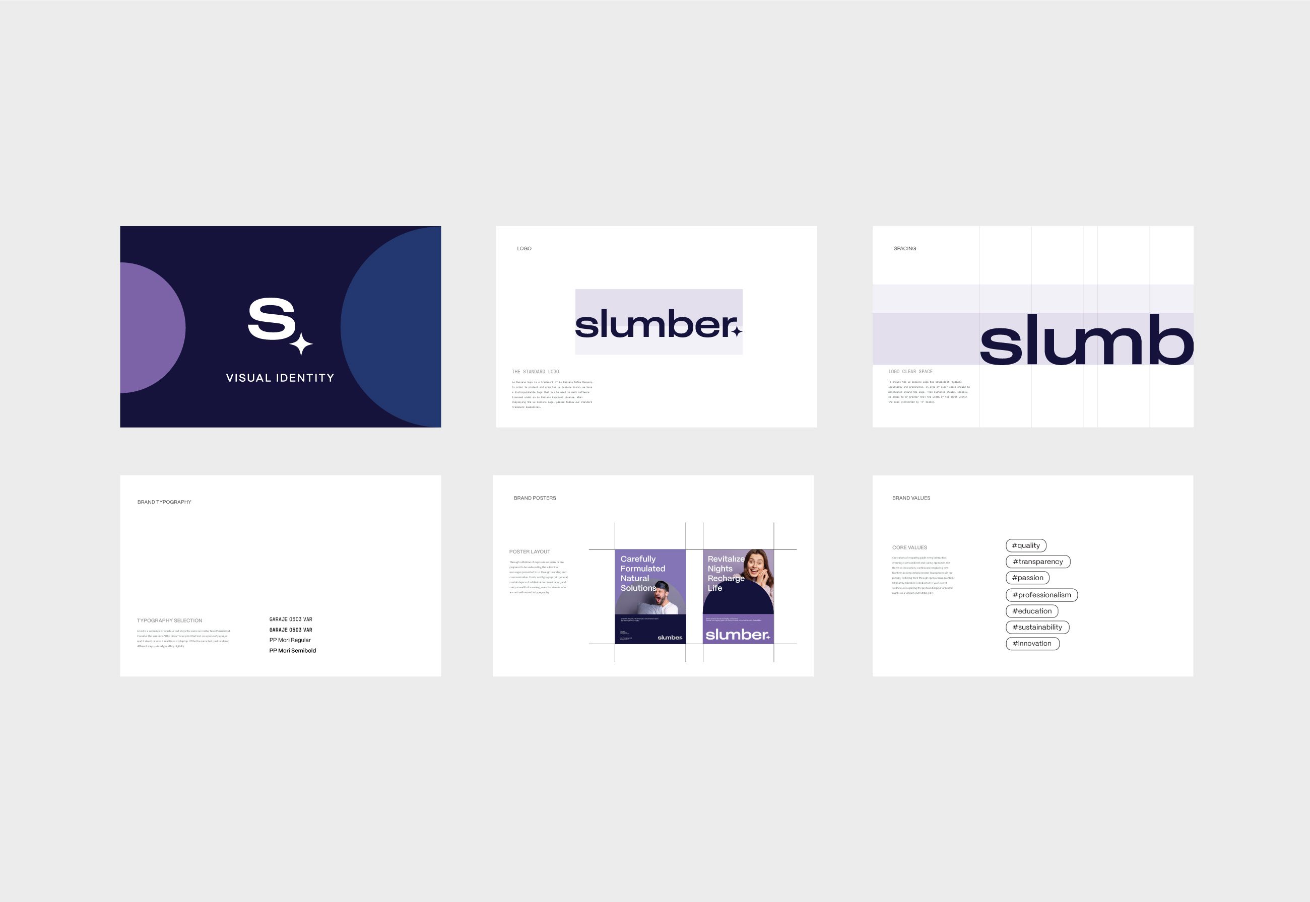 Slumber visual identity guideline slides in a grid