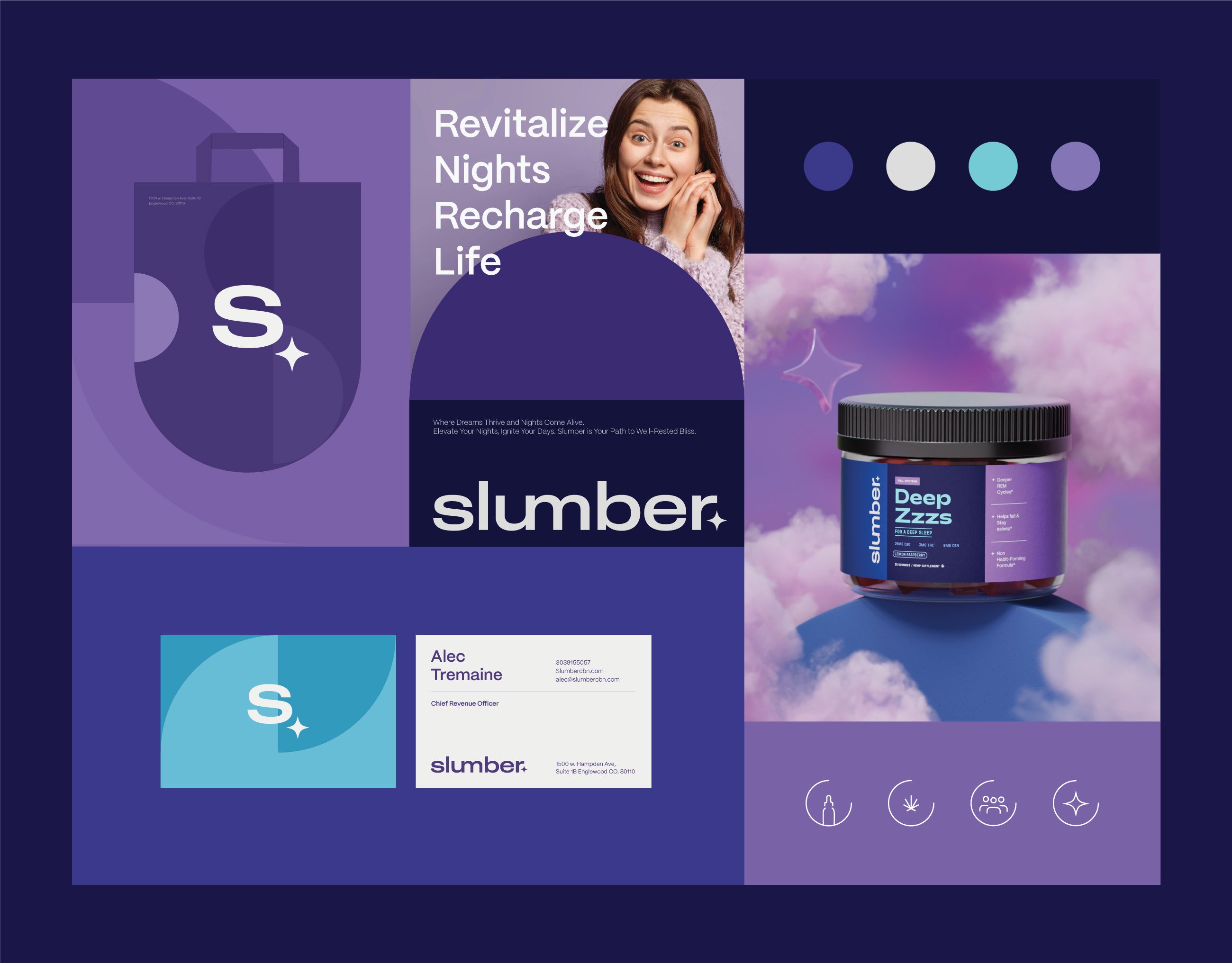 Slumber brand board with tote, posters, cards and the Deep Zzzs jar in clouds