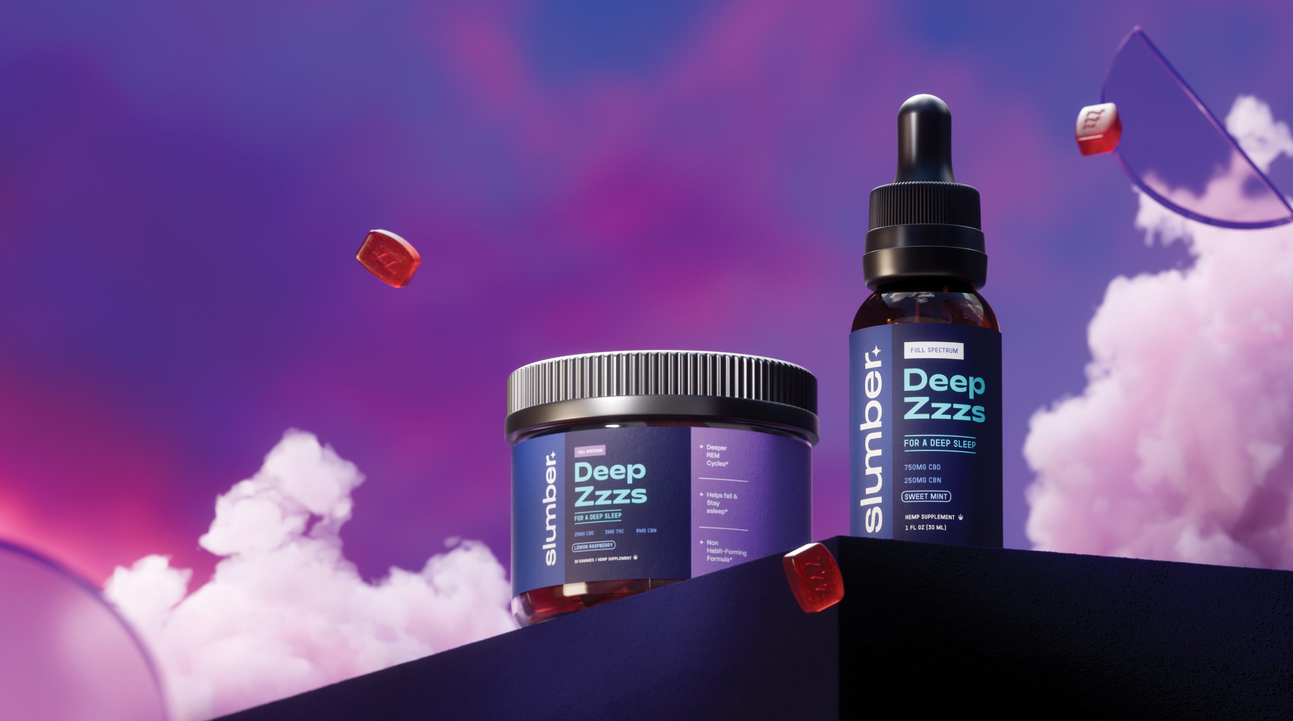 Deep Zzzs jar and dropper bottle on a dark ledge among pink clouds