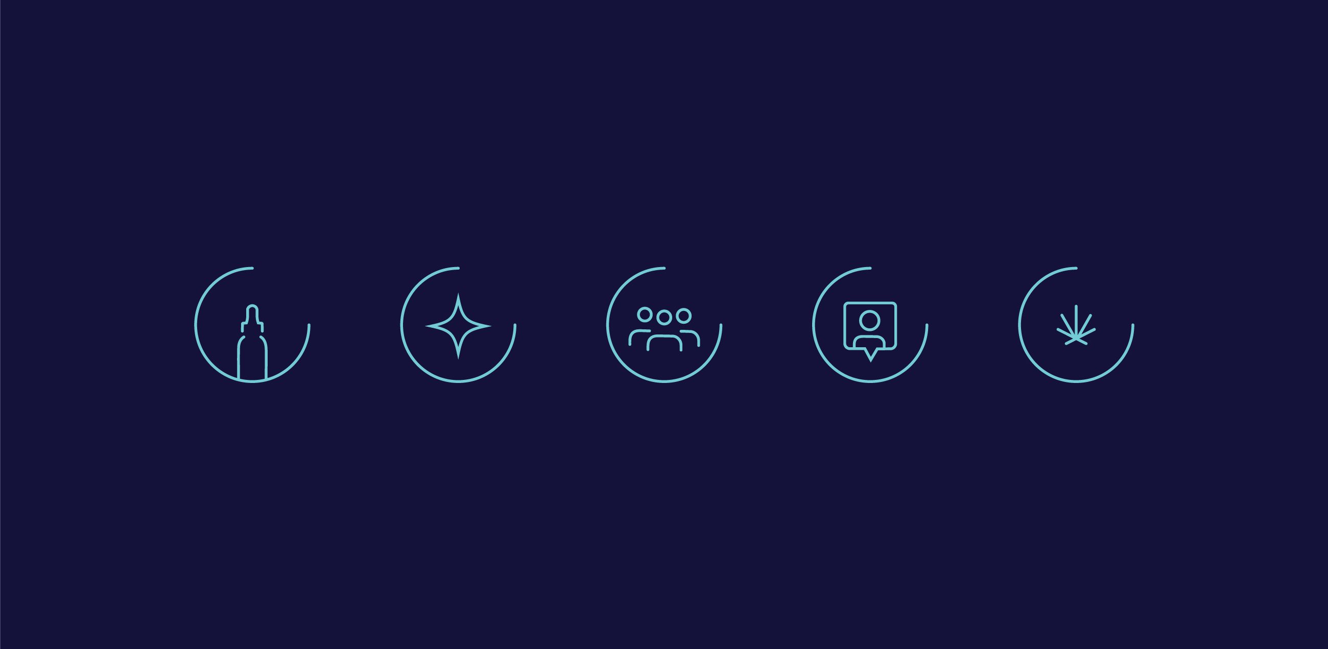 Five thin line Slumber icons in circles on navy