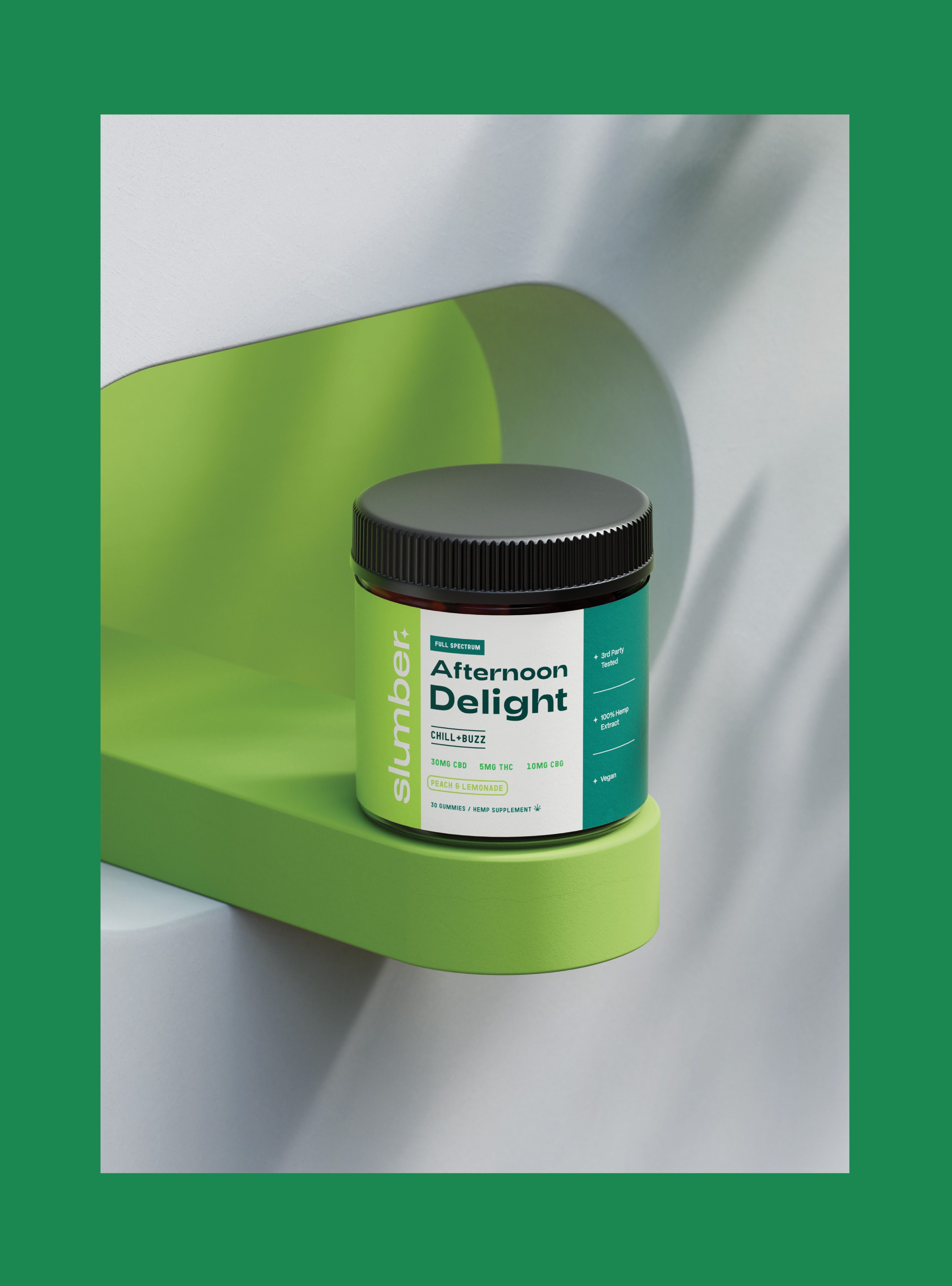 Afternoon Delight jar on a green shelf against white drapery