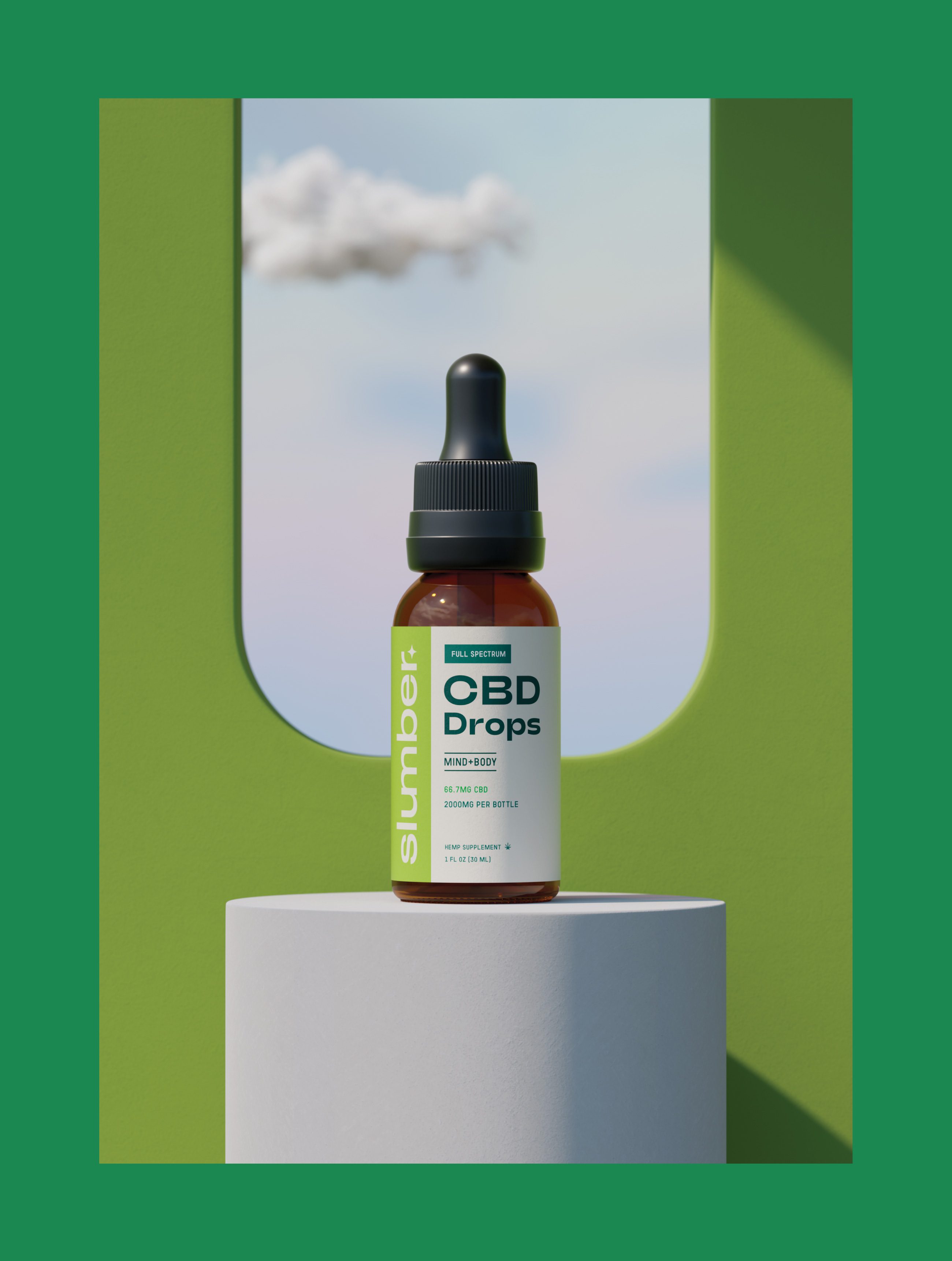 Slumber dropper bottle on a white podium in a green frame with a cloud