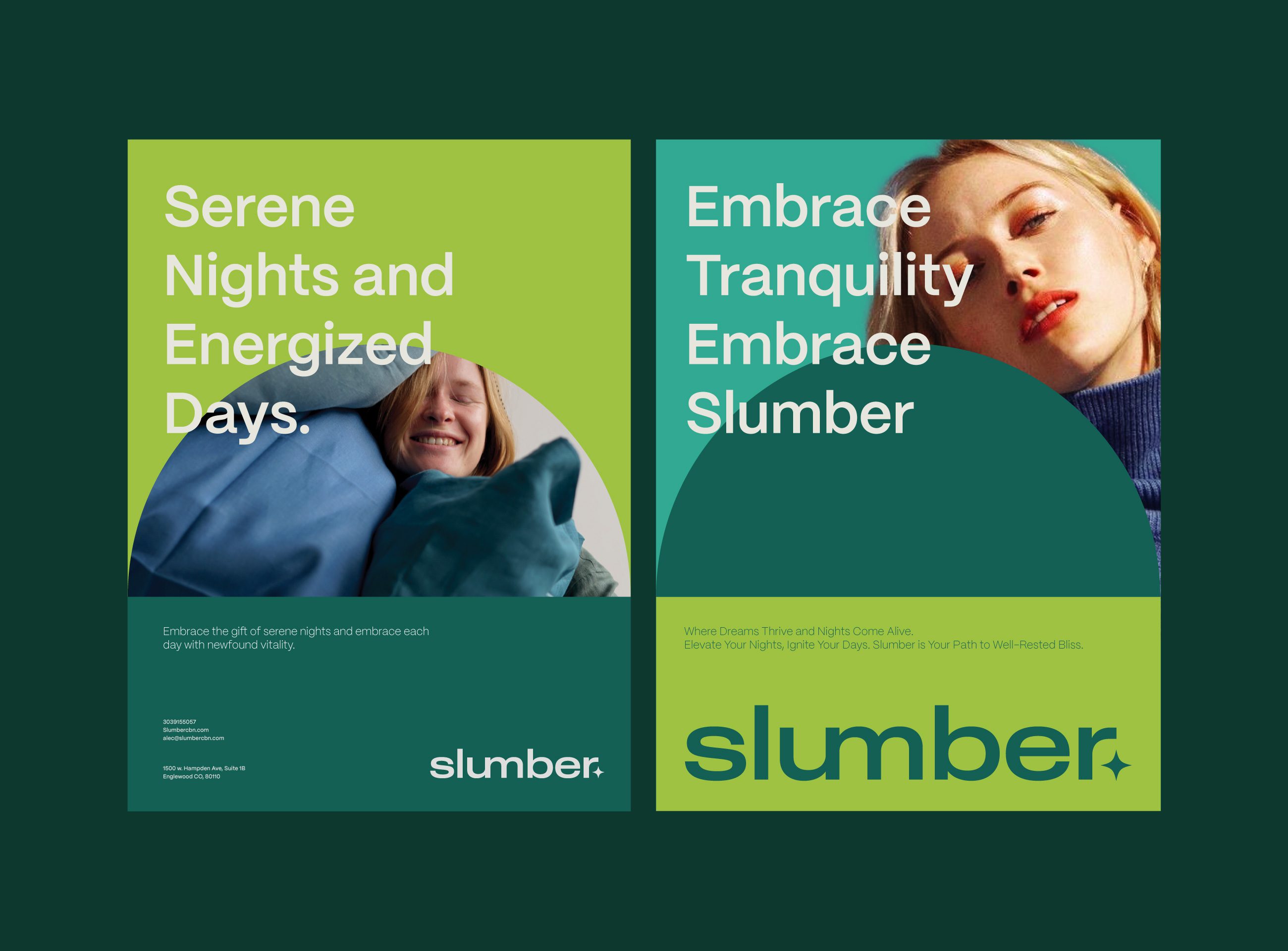 Two green Slumber posters with portraits and rounded shapes