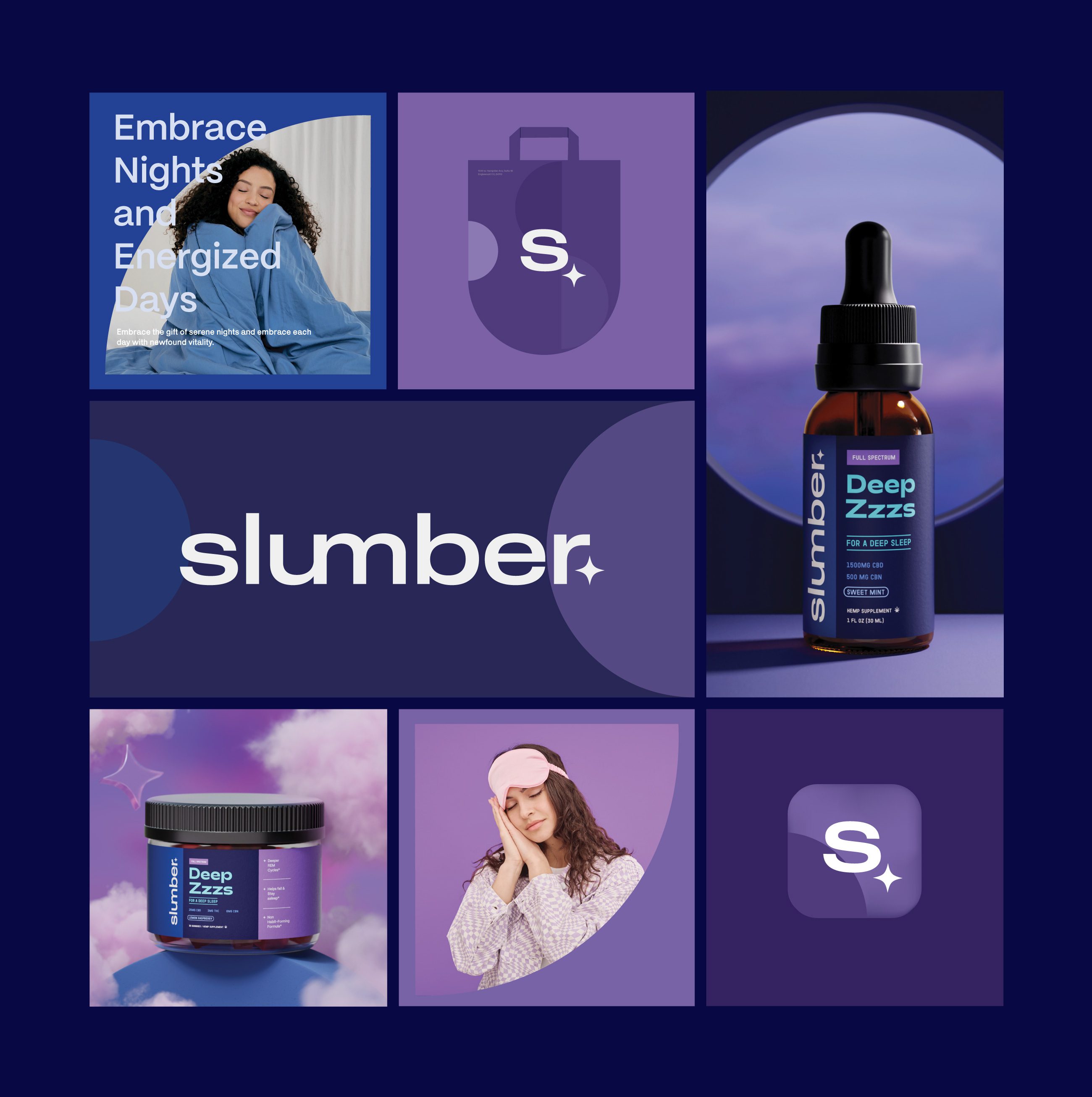 Slumber brand grid with the wordmark, dropper bottle and sleepwear portraits