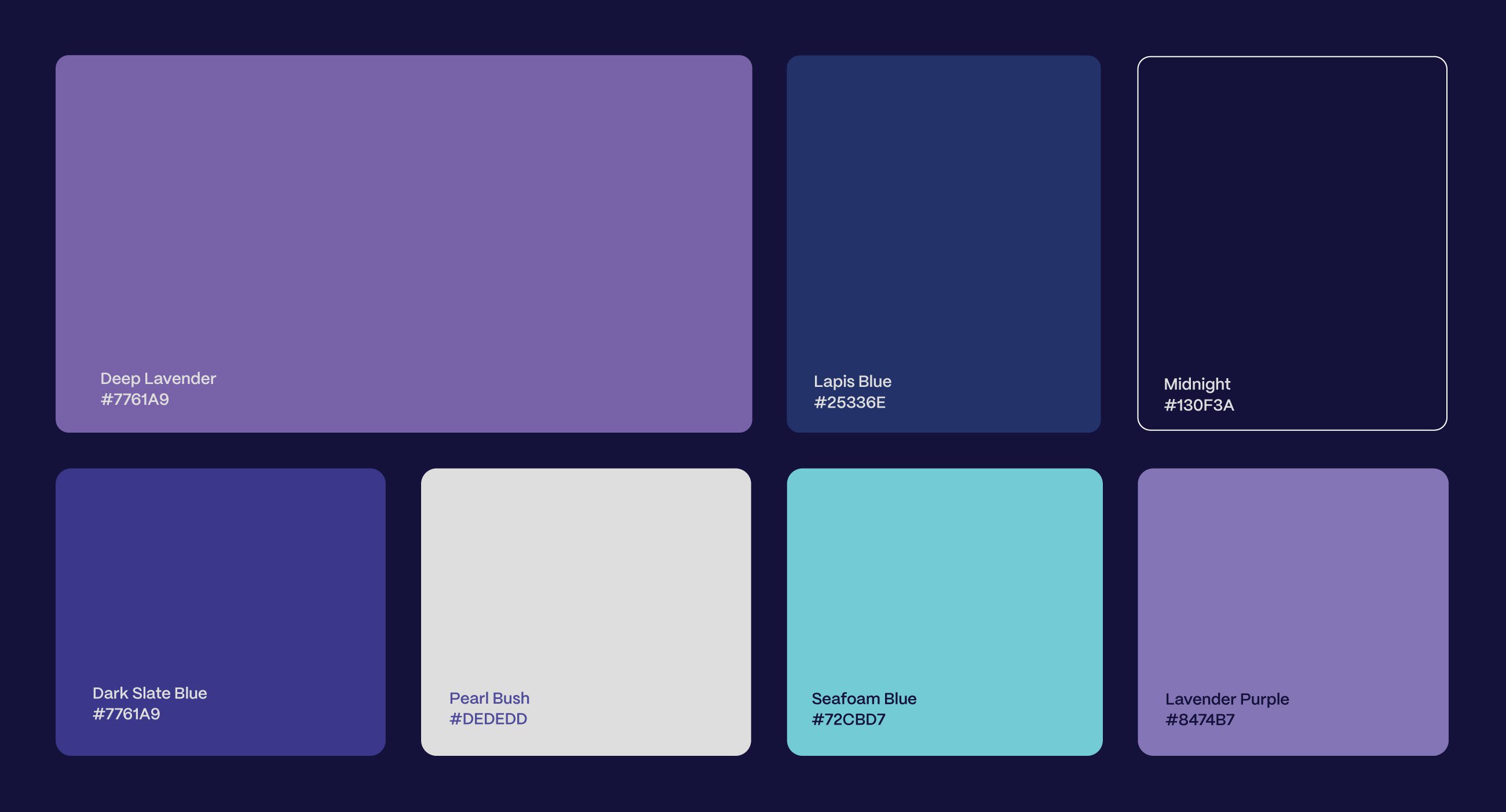 Slumber color palette board with named lavender, blue and seafoam swatches