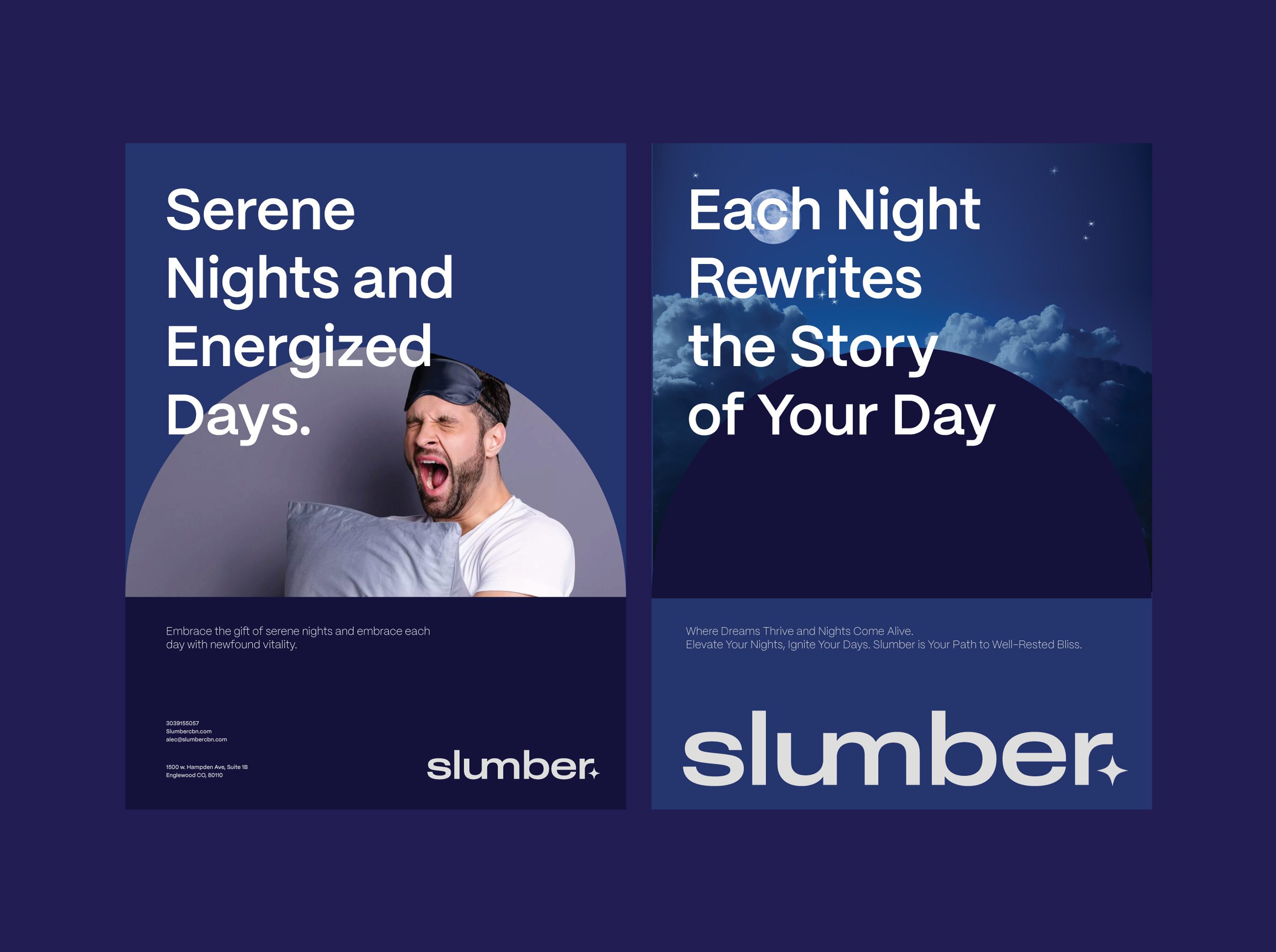 Two navy Slumber posters, a yawning man and a night sky