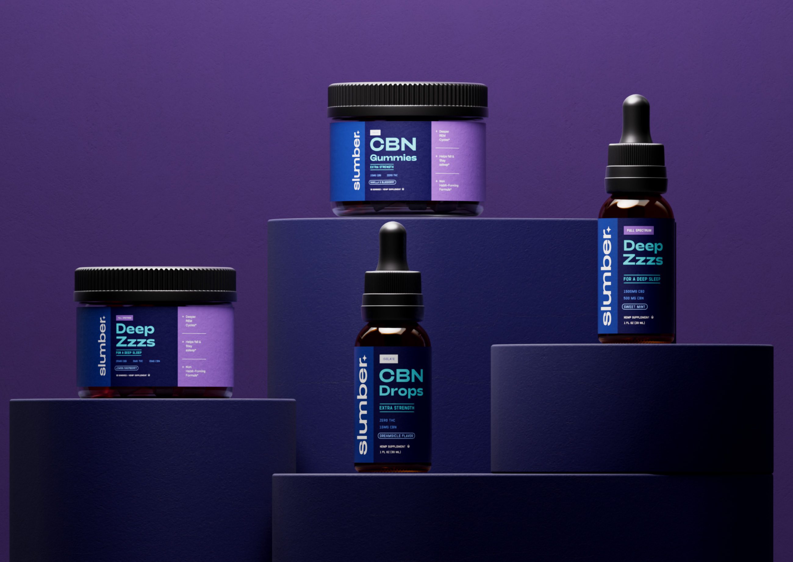 Four Slumber products on navy podiums, jars and dropper bottles