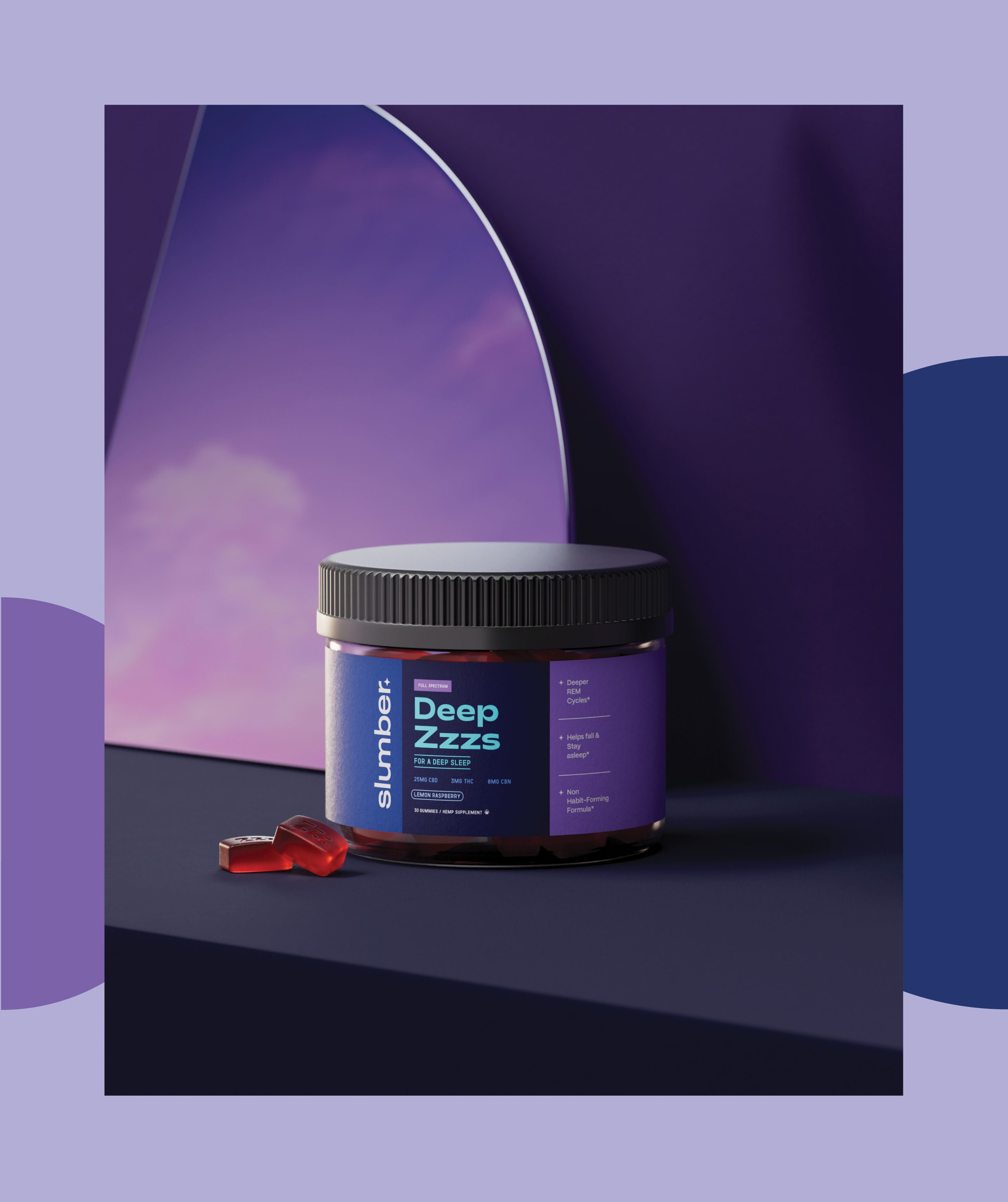 Deep Zzzs gummy jar on a dark ledge in front of a purple sky arch