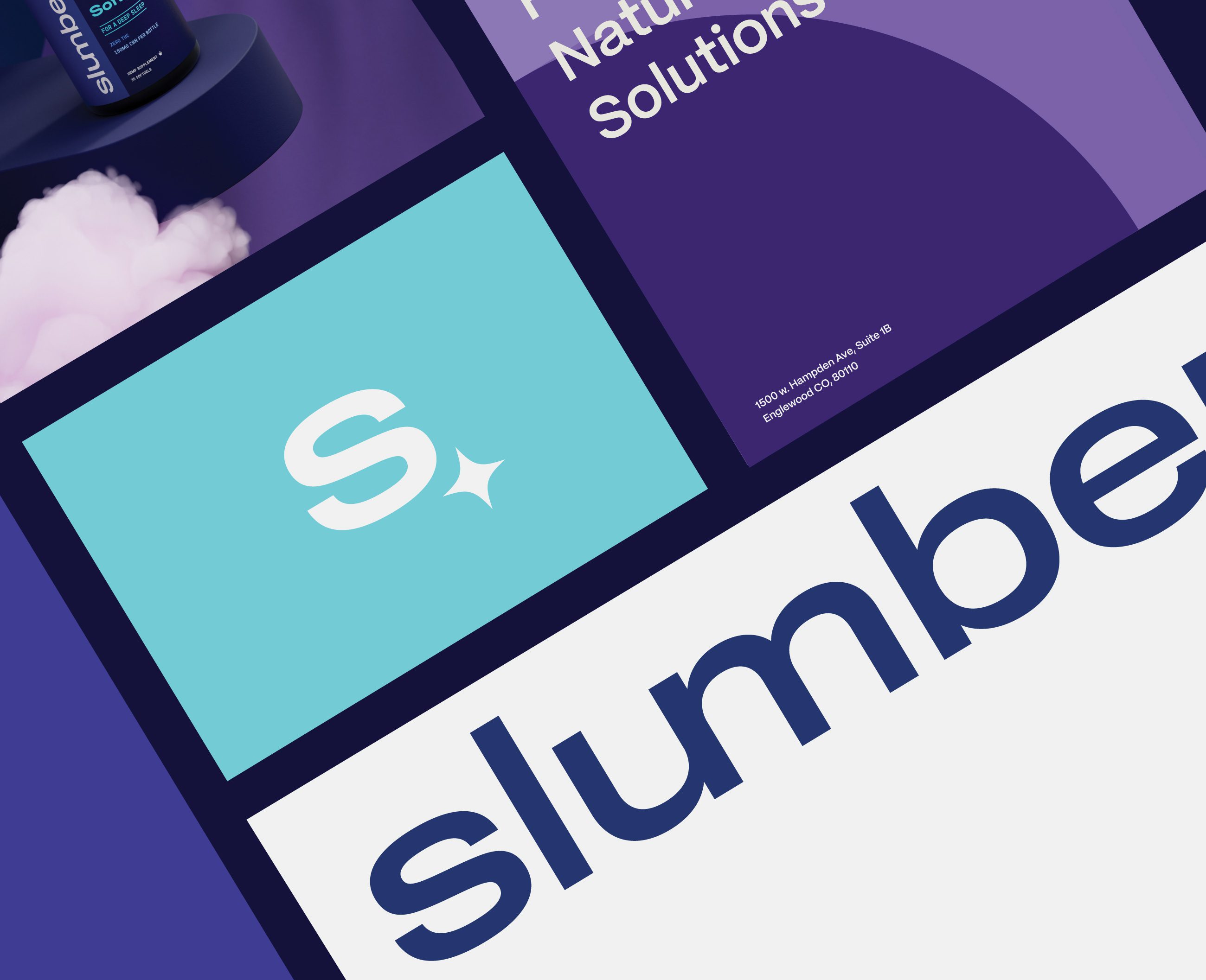 Slumber brand board detail with the S mark card and large wordmark