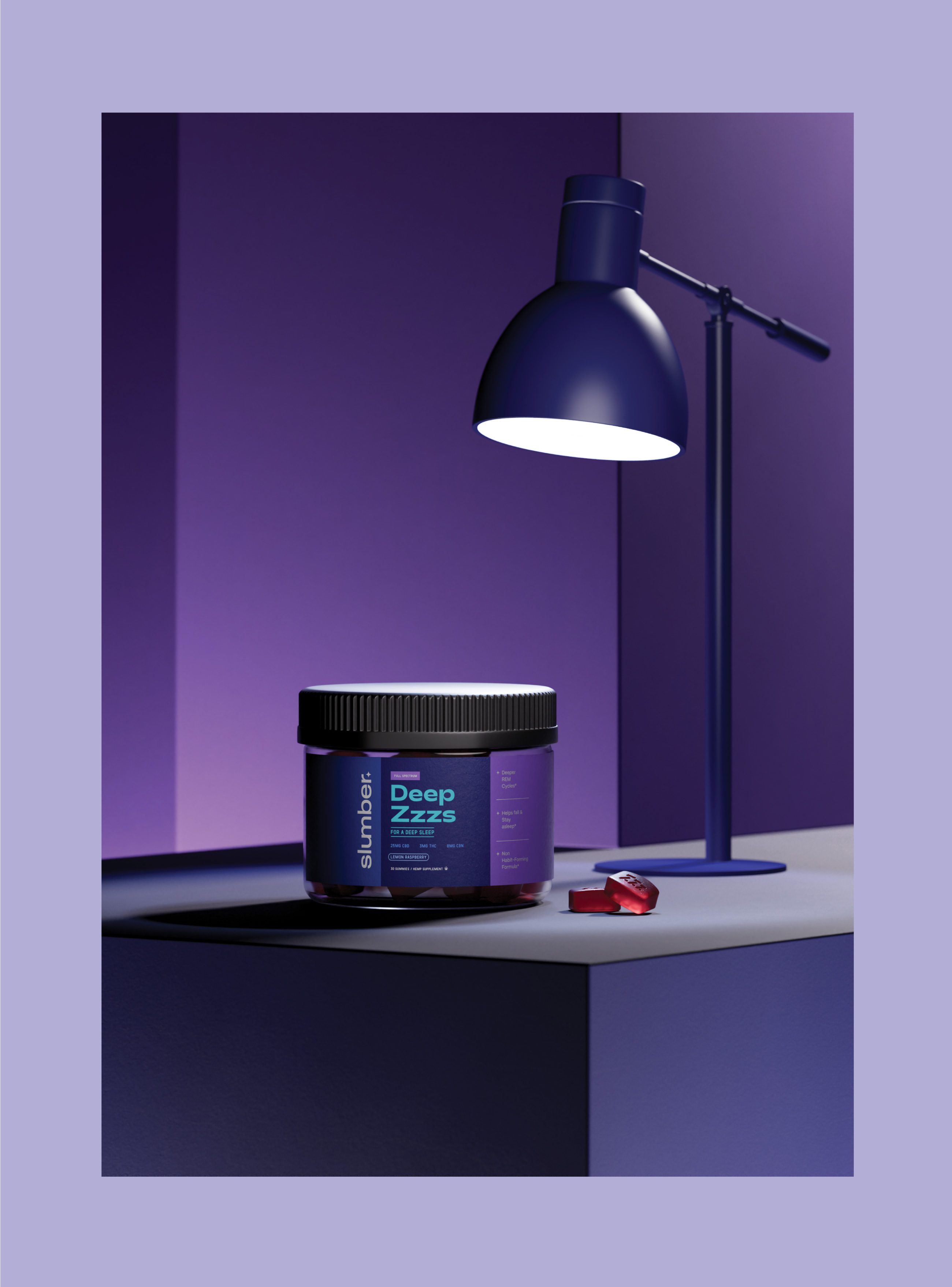Deep Zzzs jar on a table under a navy desk lamp