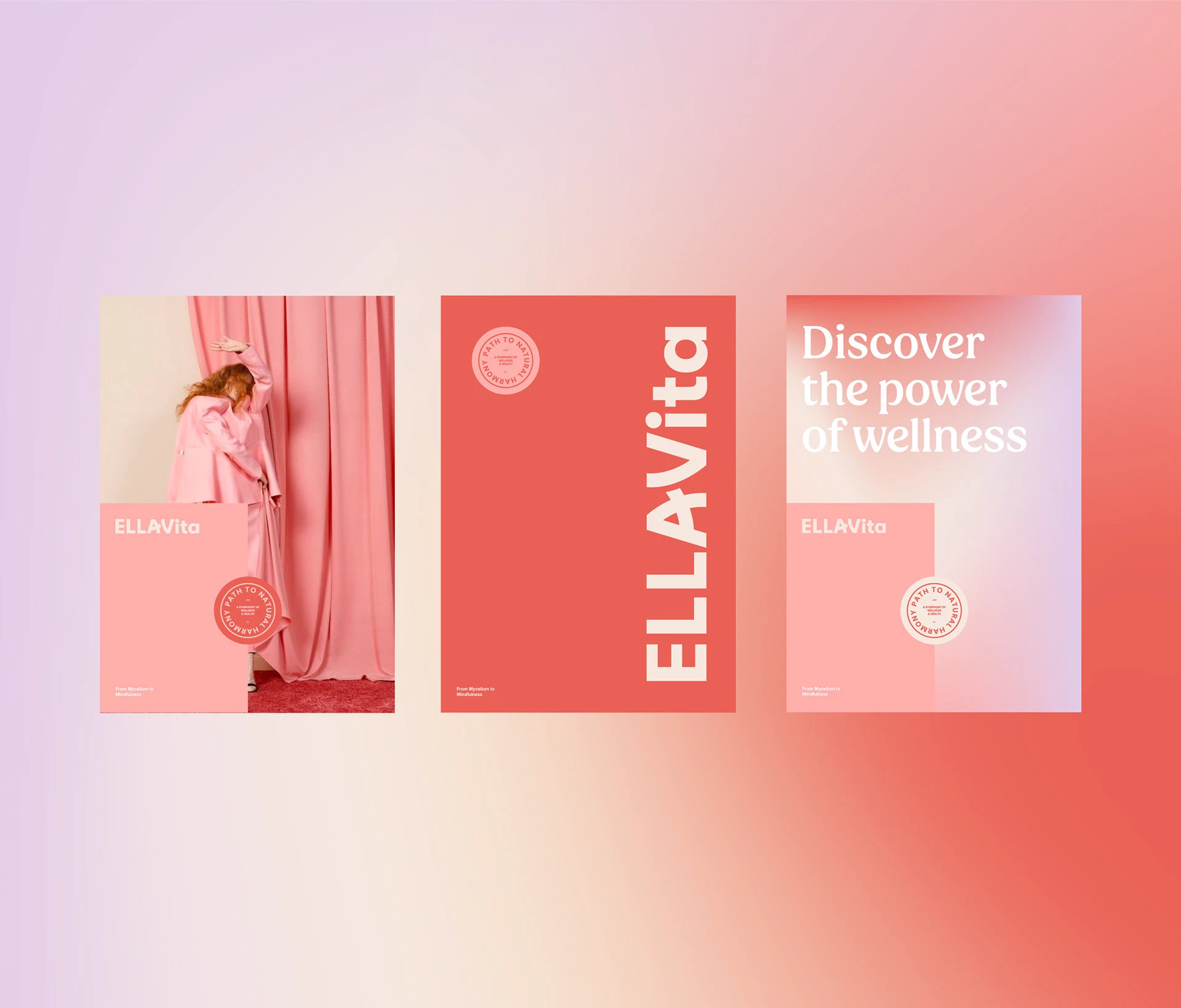 Three EllaVita posters in coral and pink with a curtain portrait