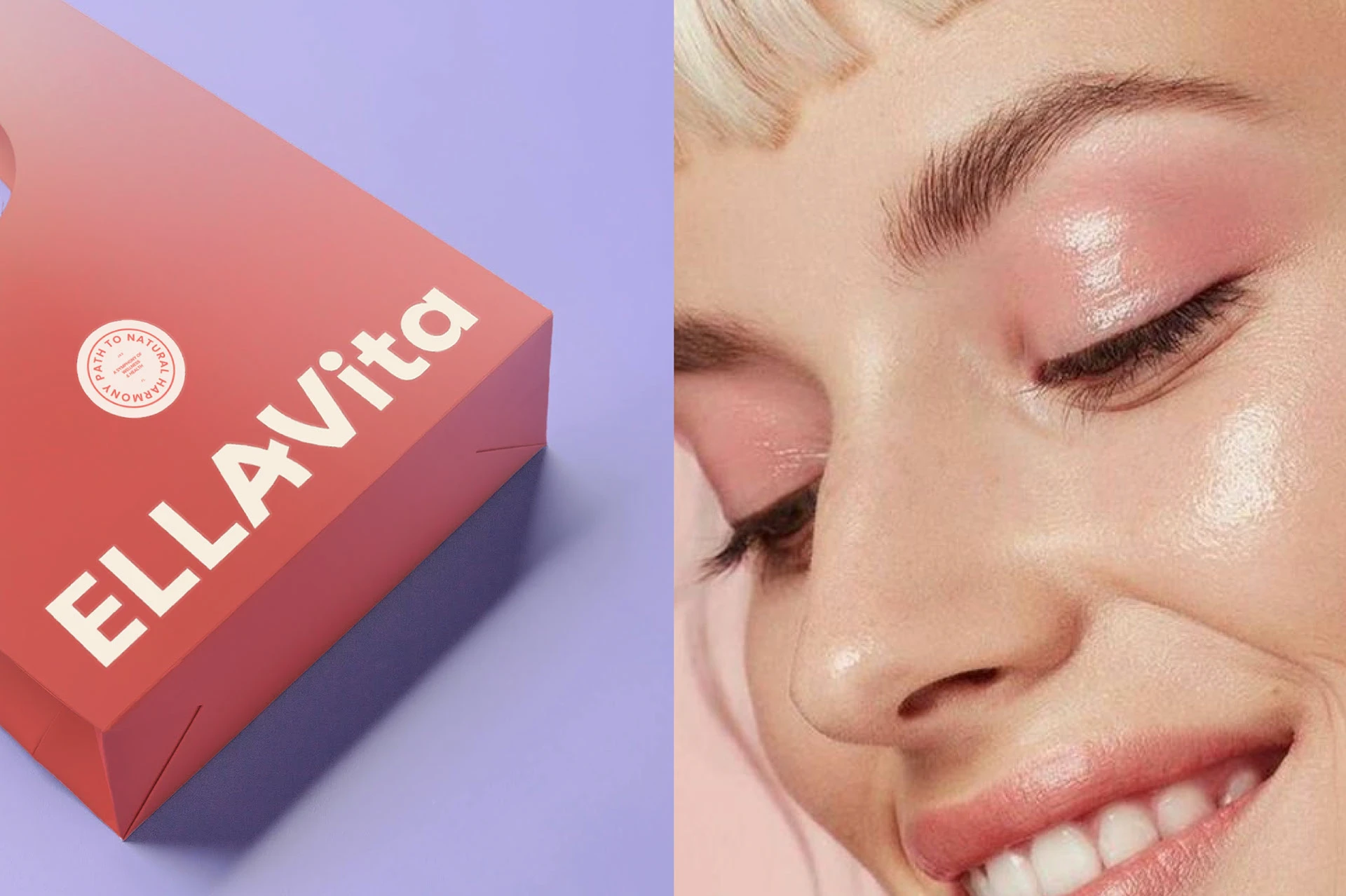 Coral EllaVita box beside a glowing skin portrait