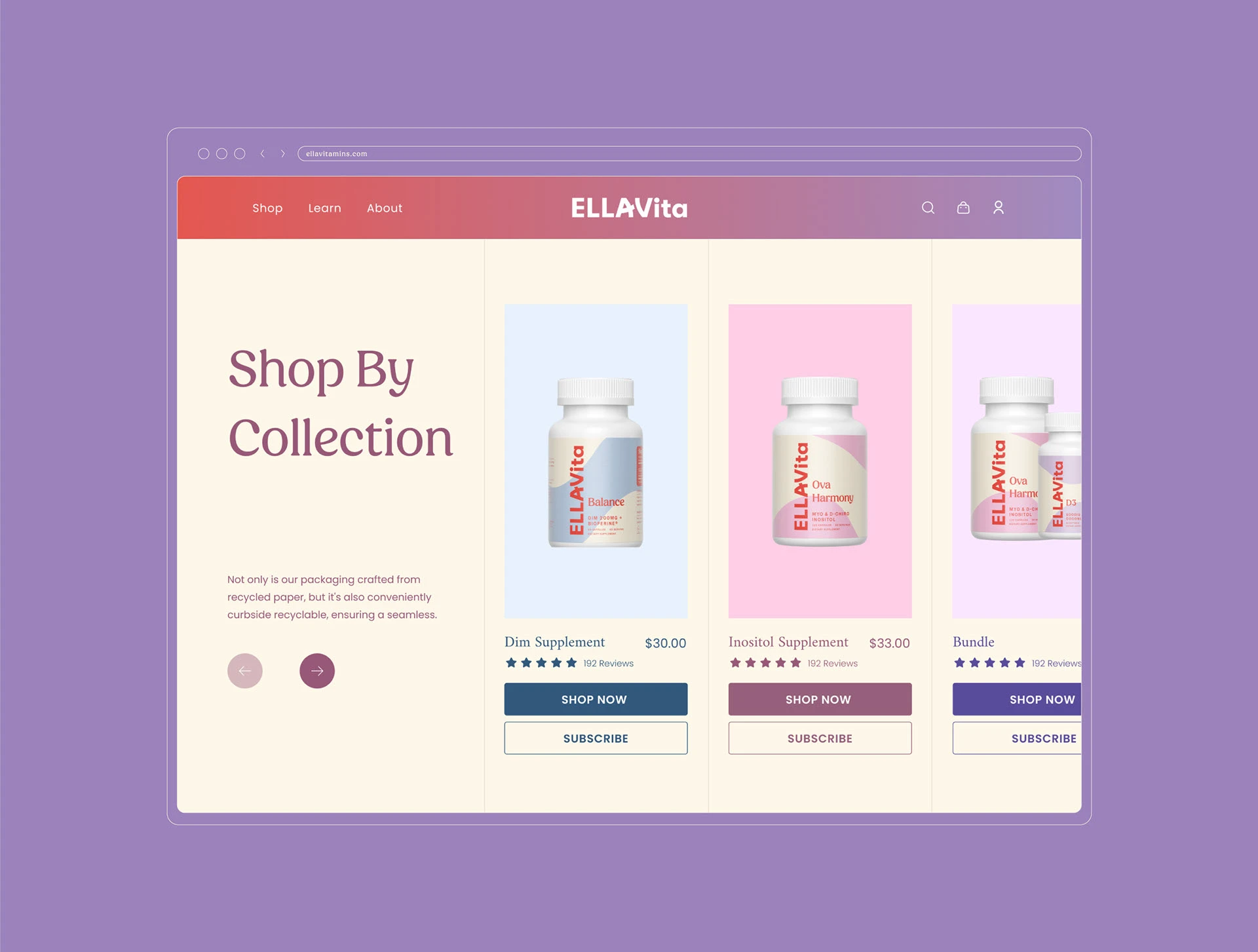EllaVita shop by collection page design with three bottles