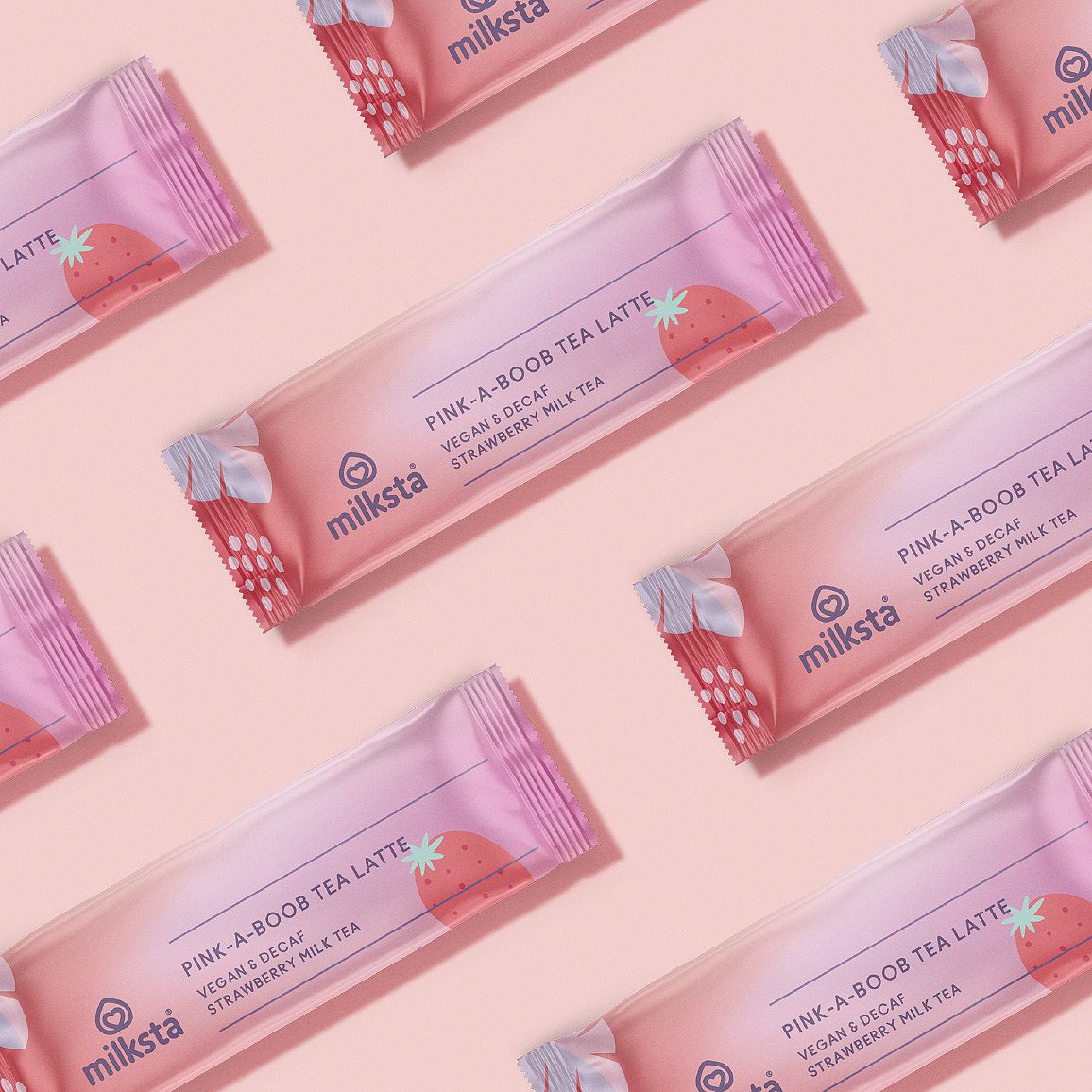 Milksta sachet sticks laid in a diagonal repeat across a pink ground