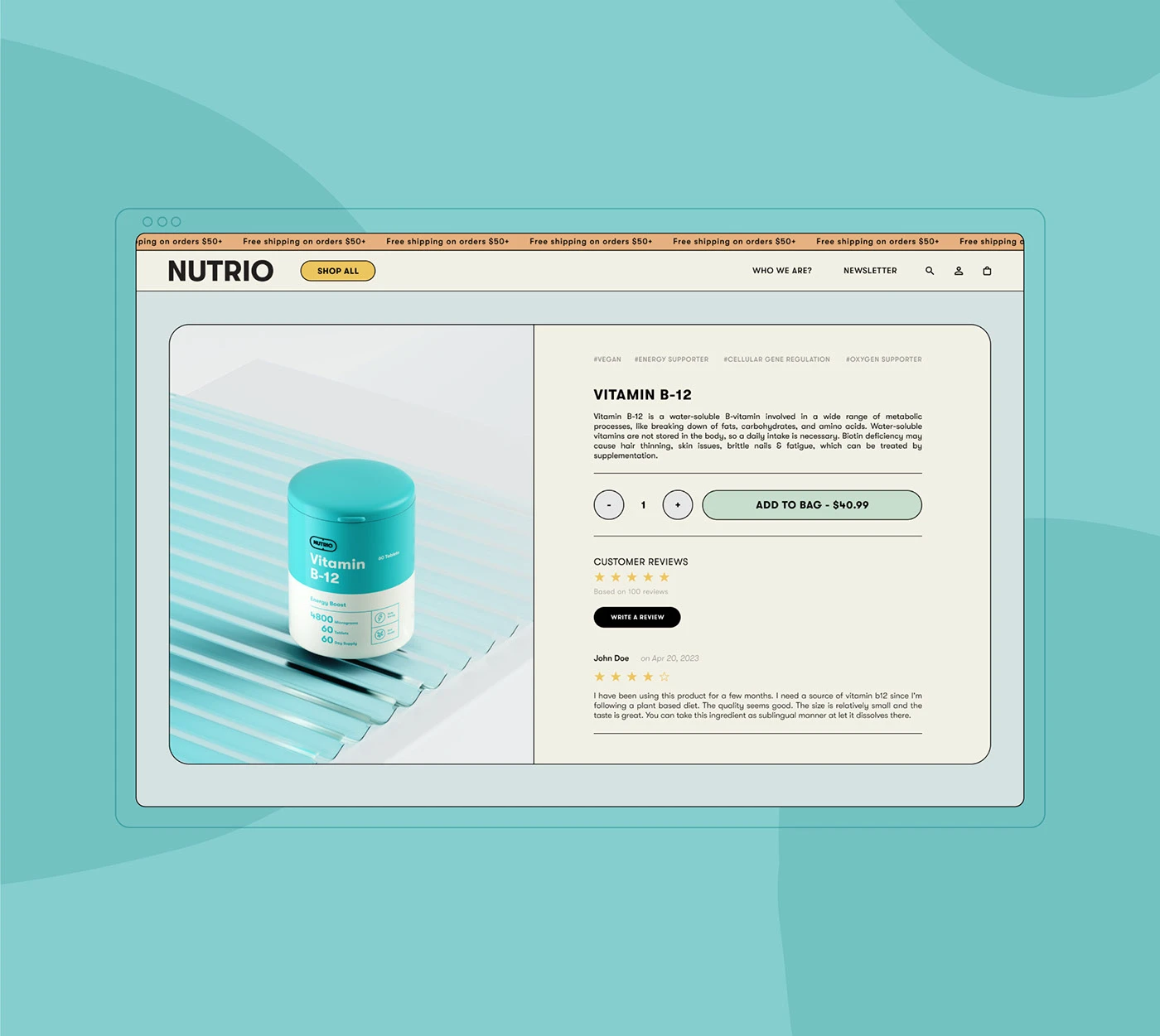 Nutrio product page in a browser frame on a teal ground with reviews