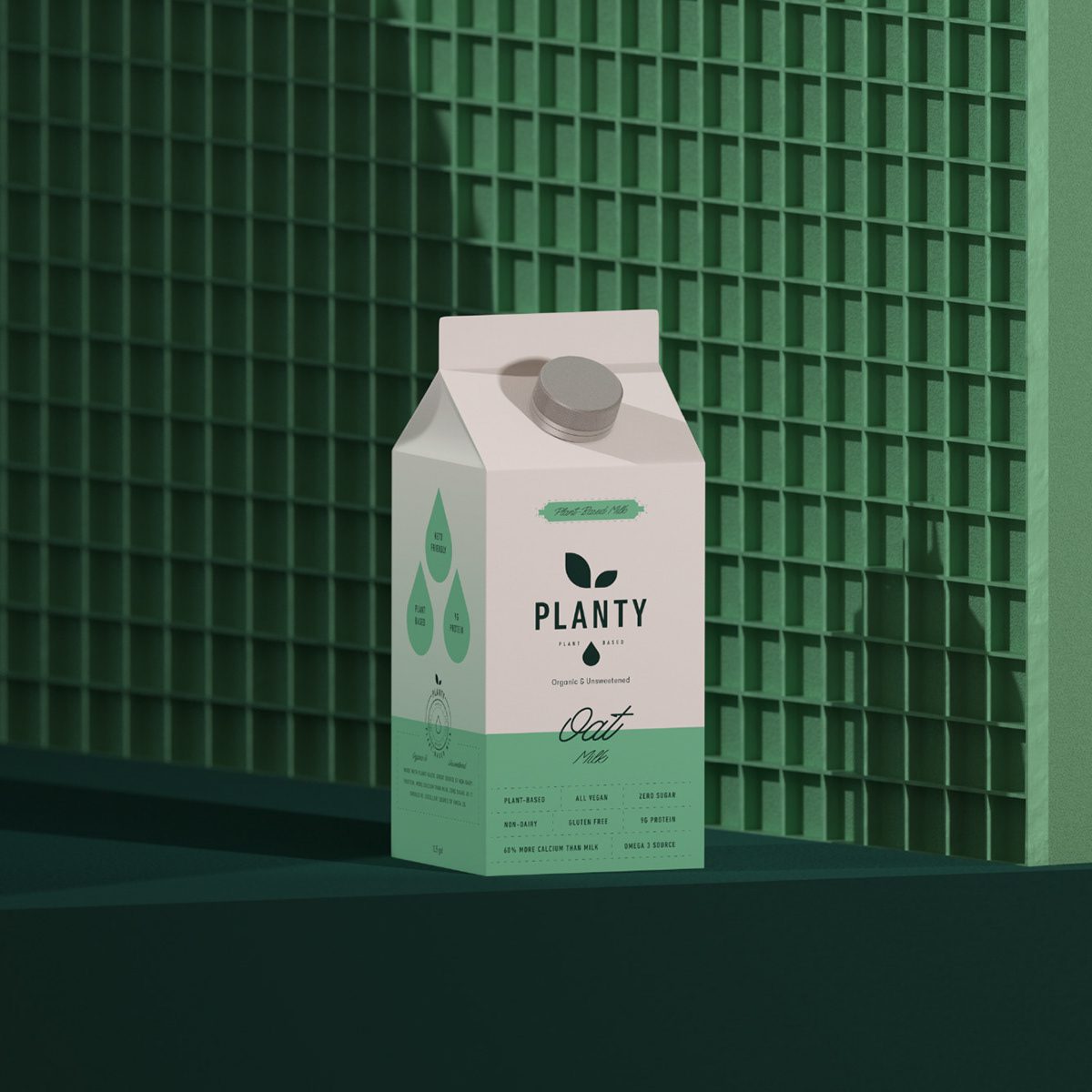 Planty oat milk carton on dark green with a lattice screen behind it