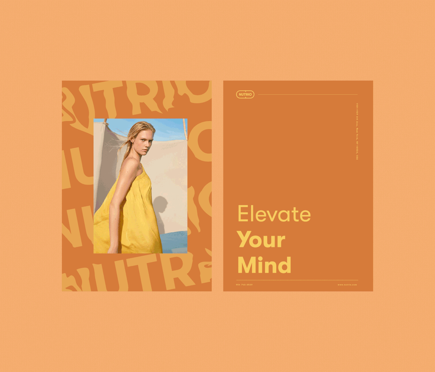 Nutrio orange panel with a portrait in yellow and the elevate line