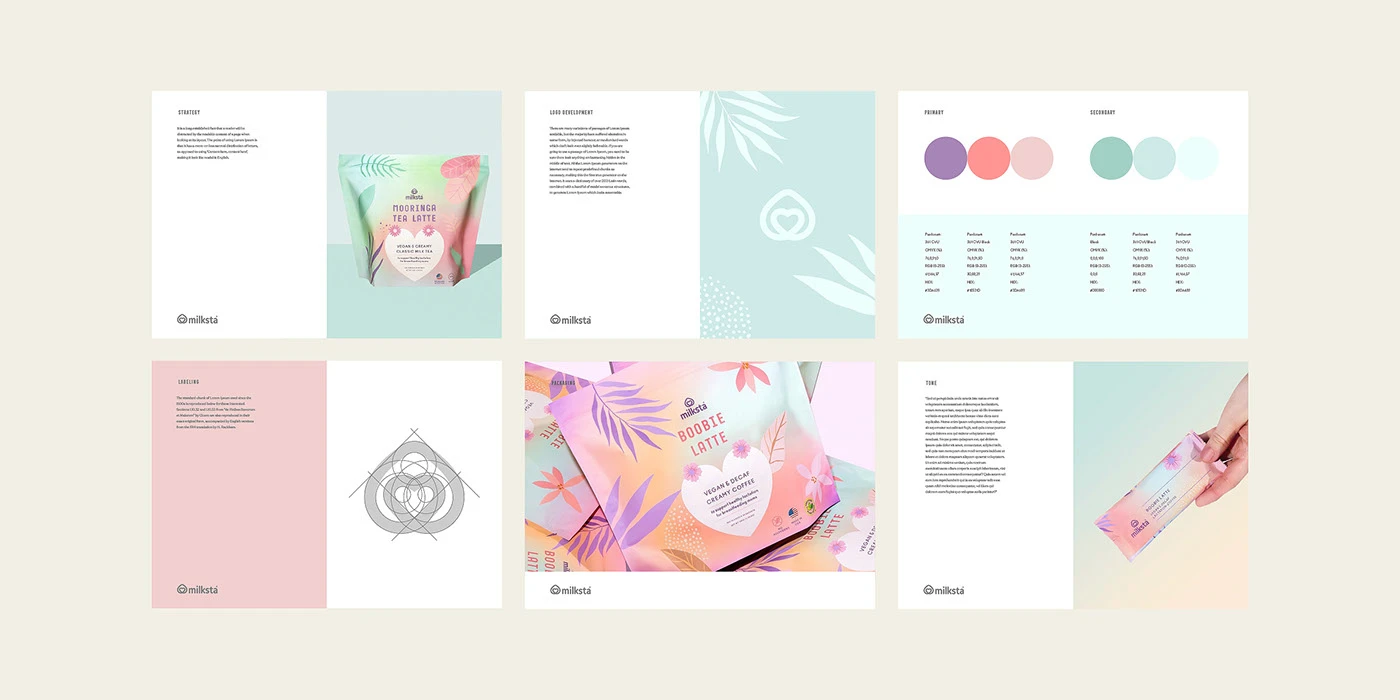 Eight Milksta guideline pages in a grid covering logo, color and packaging