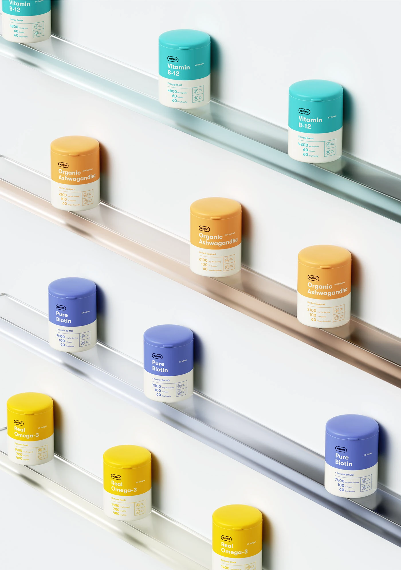 Nine Nutrio tubs arranged on glass shelves in a diagonal grid