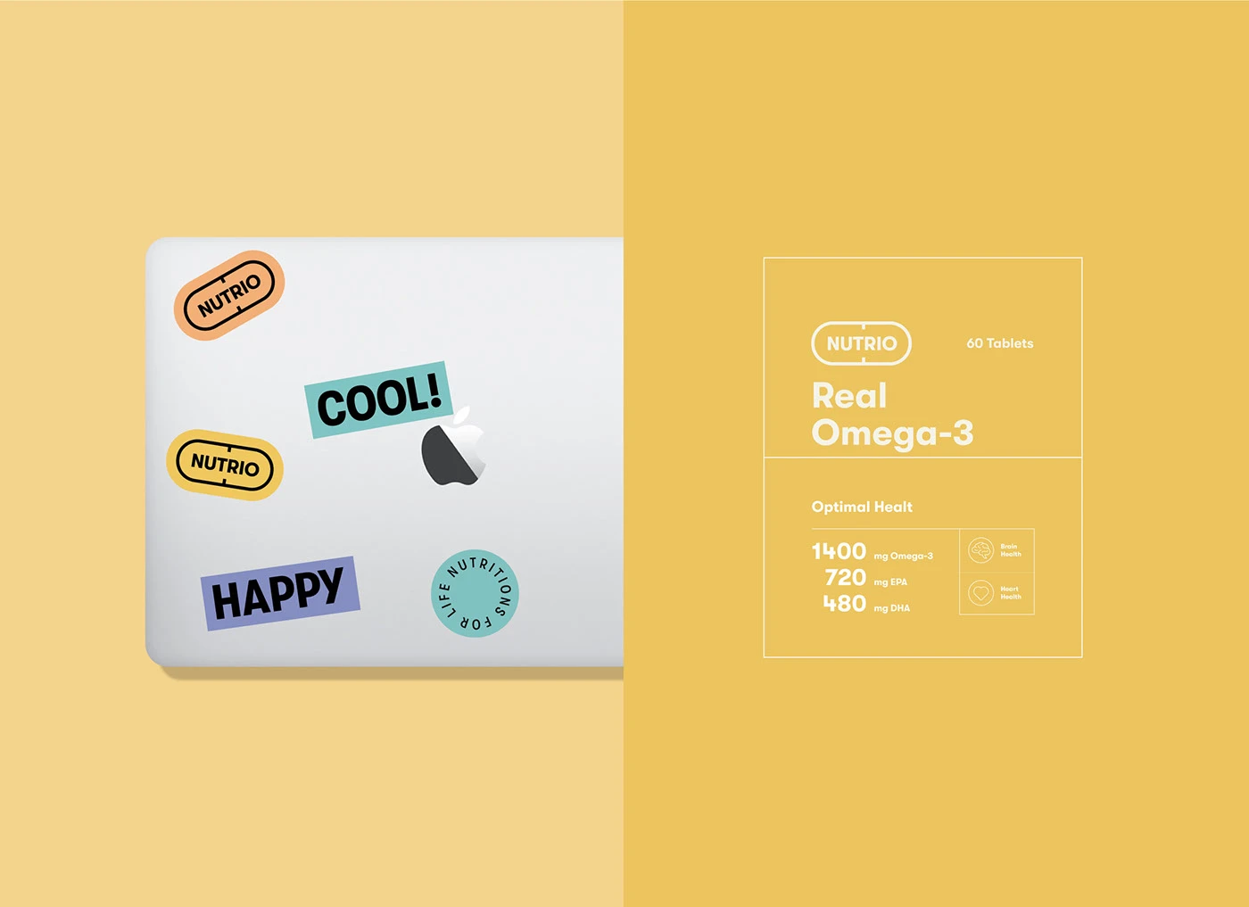 Nutrio stickers on a laptop lid beside the yellow pack artwork panel