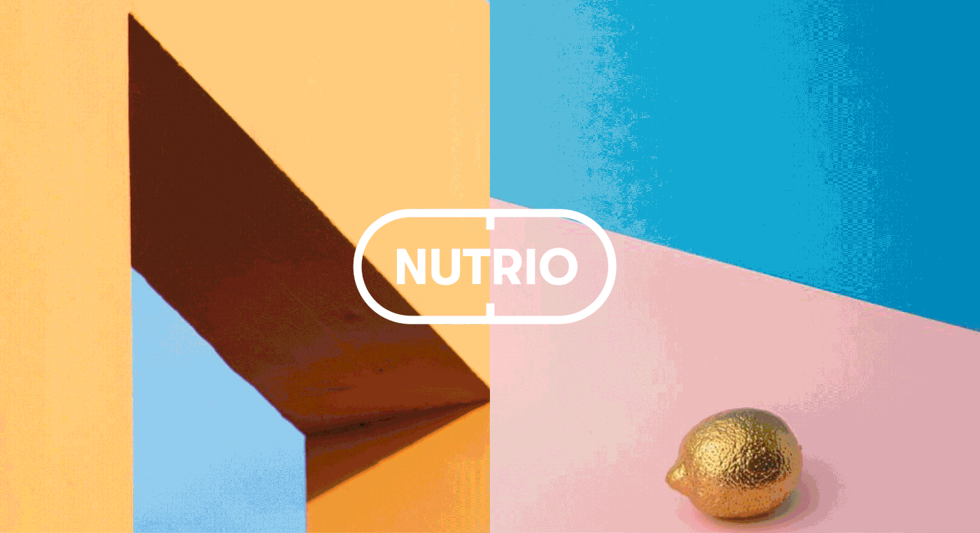 Nutrio wordmark in a rounded outline over four color panels and a gold fruit