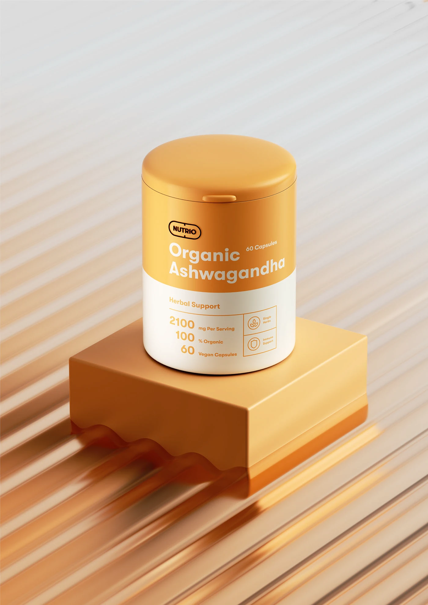 Orange Nutrio Ashwagandha tub on a block above ribbed glass in warm light