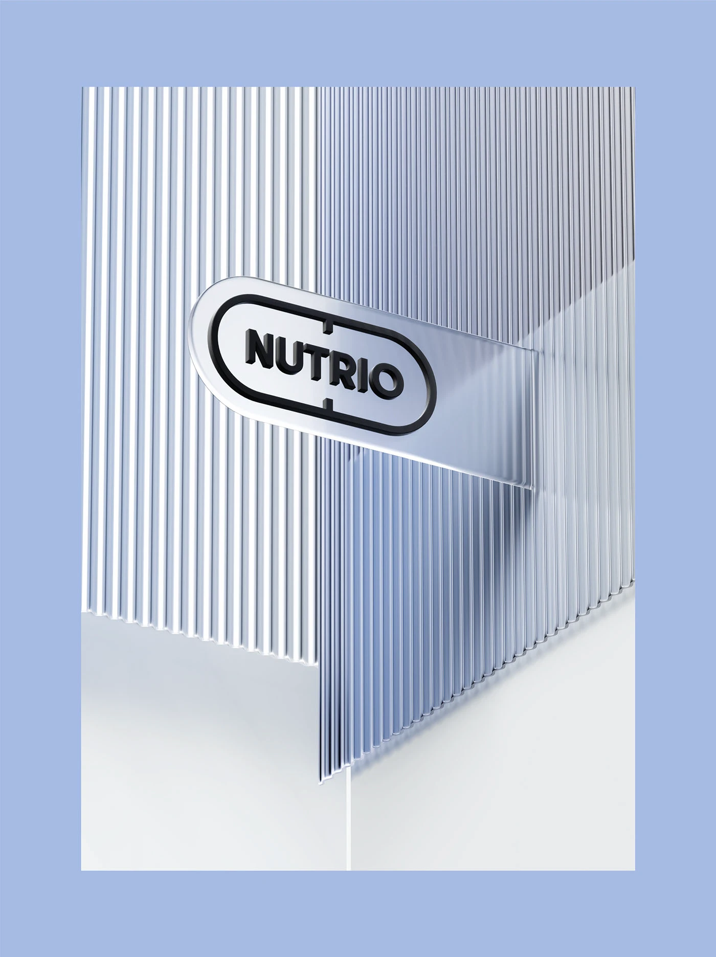 Nutrio logo badge on a ribbed acrylic sign against a pale blue ground