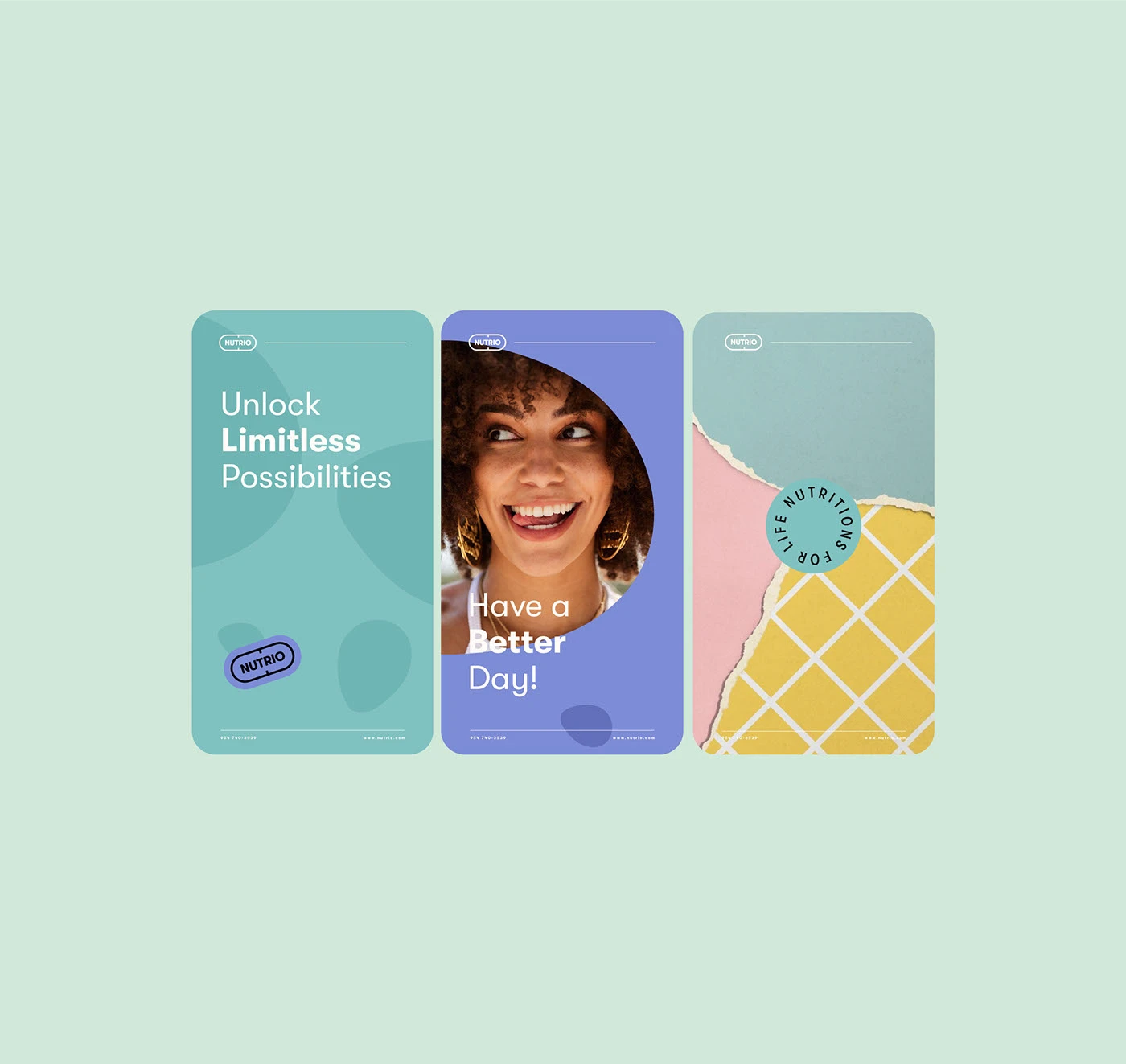 Three Nutrio phone stories on mint, a copy card, portrait and pattern