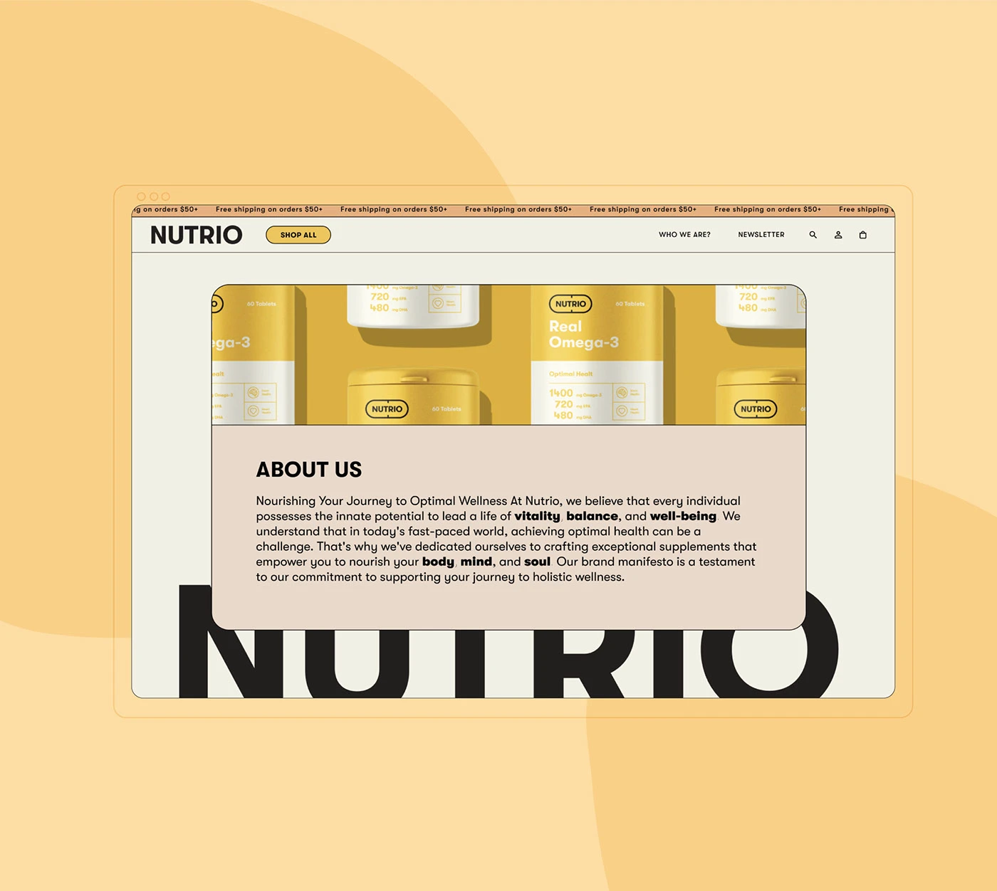Nutrio about page in a browser frame over yellow with the large wordmark