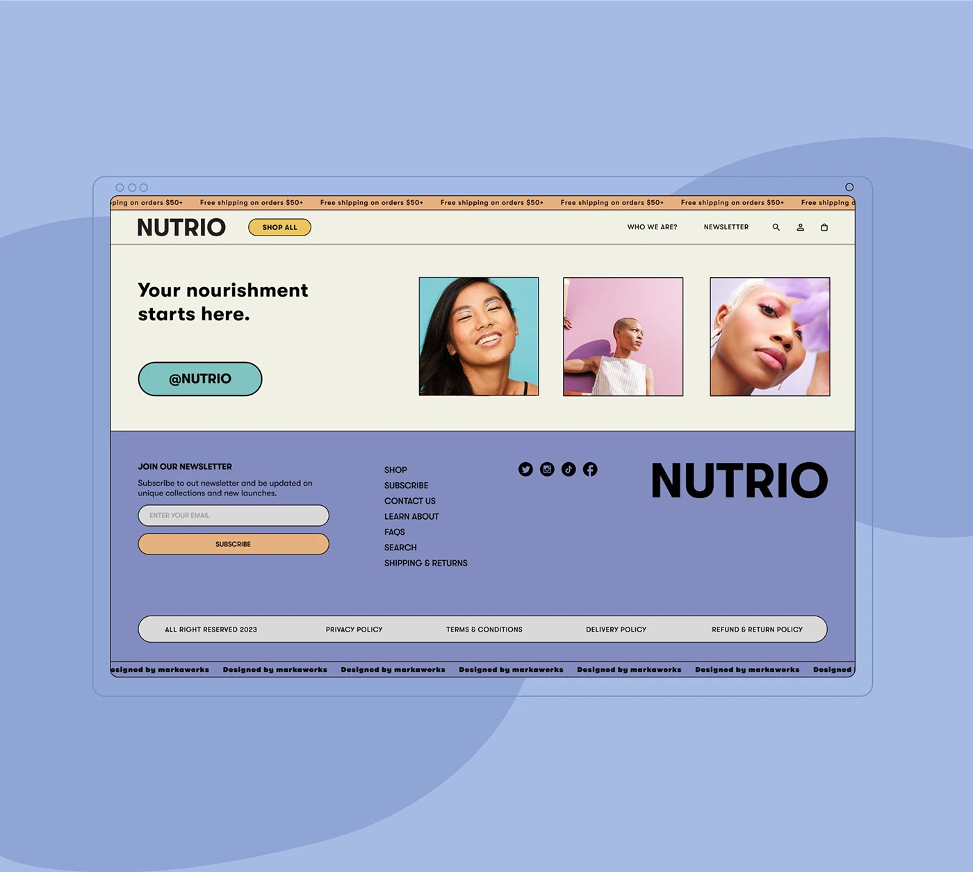 Nutrio footer in a browser frame with three portraits and the newsletter block