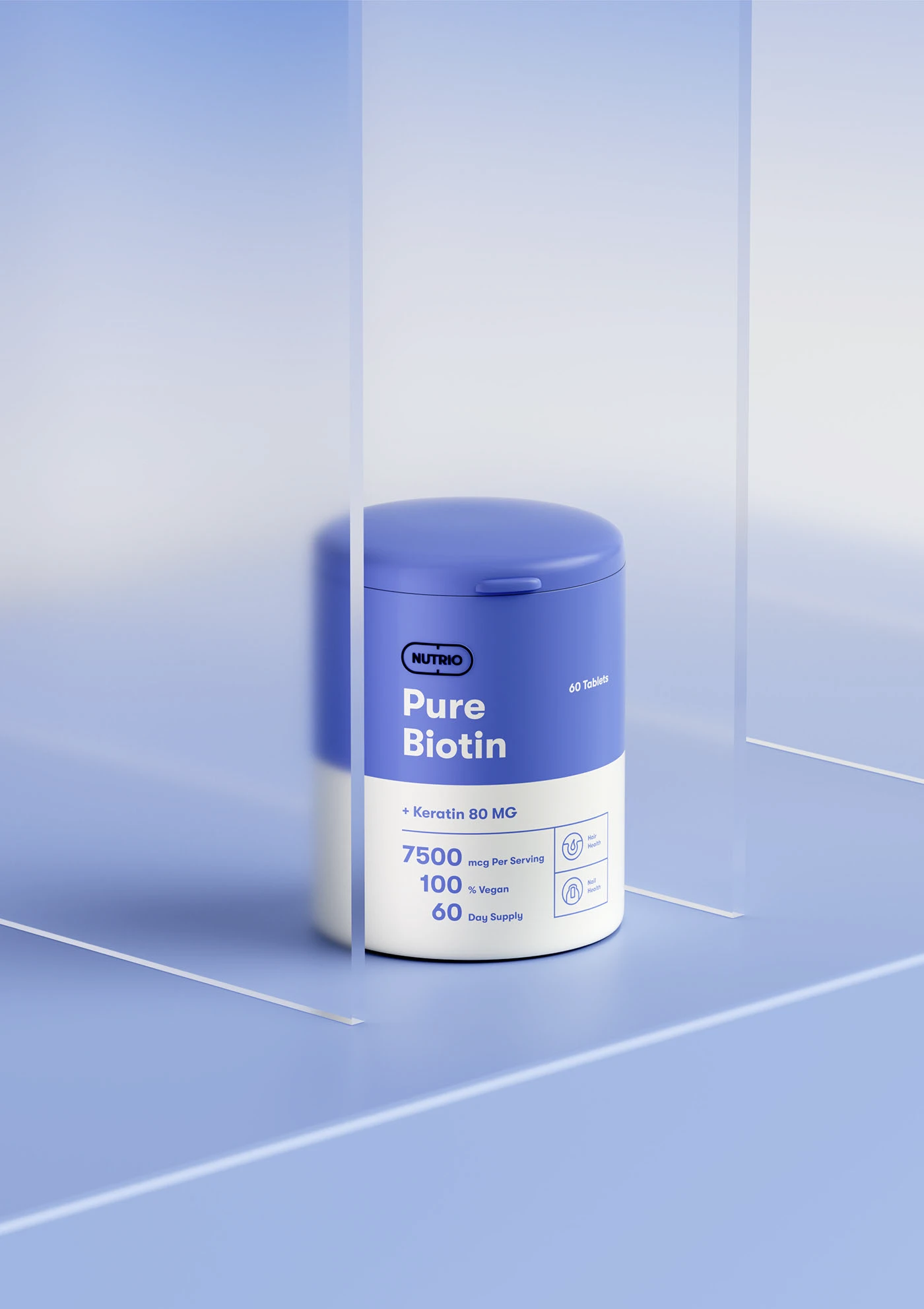 Blue Nutrio Pure Biotin tub standing between two frosted glass panes
