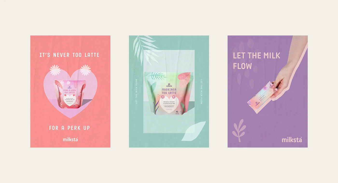 Three Milksta posters in coral, mint and purple on a cream ground