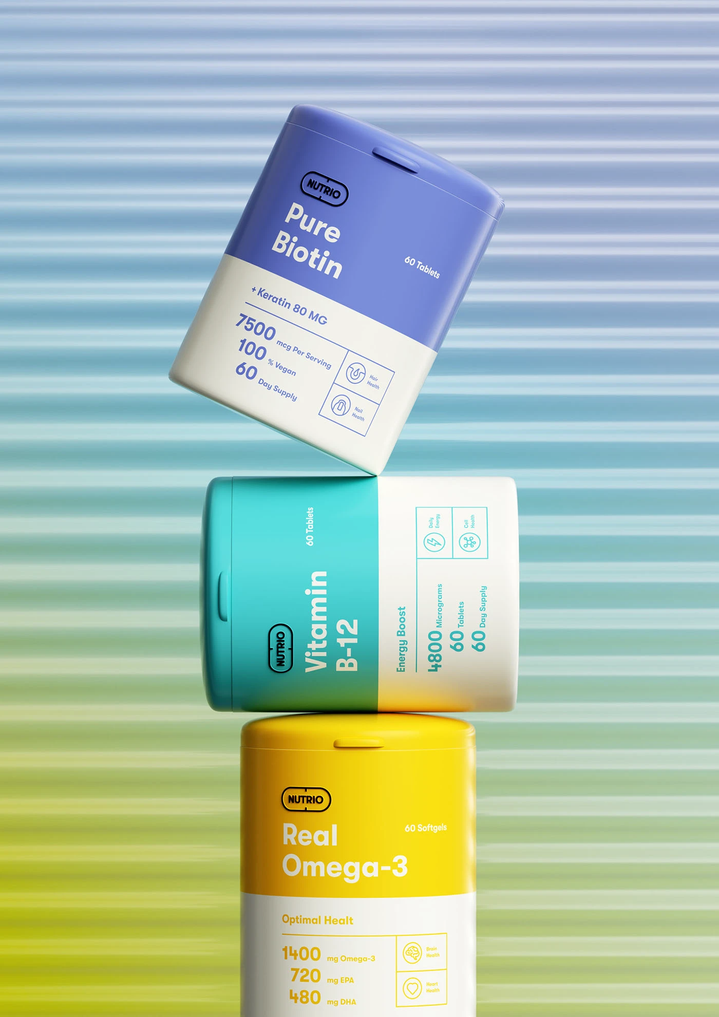 Three Nutrio tubs stacked against ribbed glass in a blue to yellow gradient