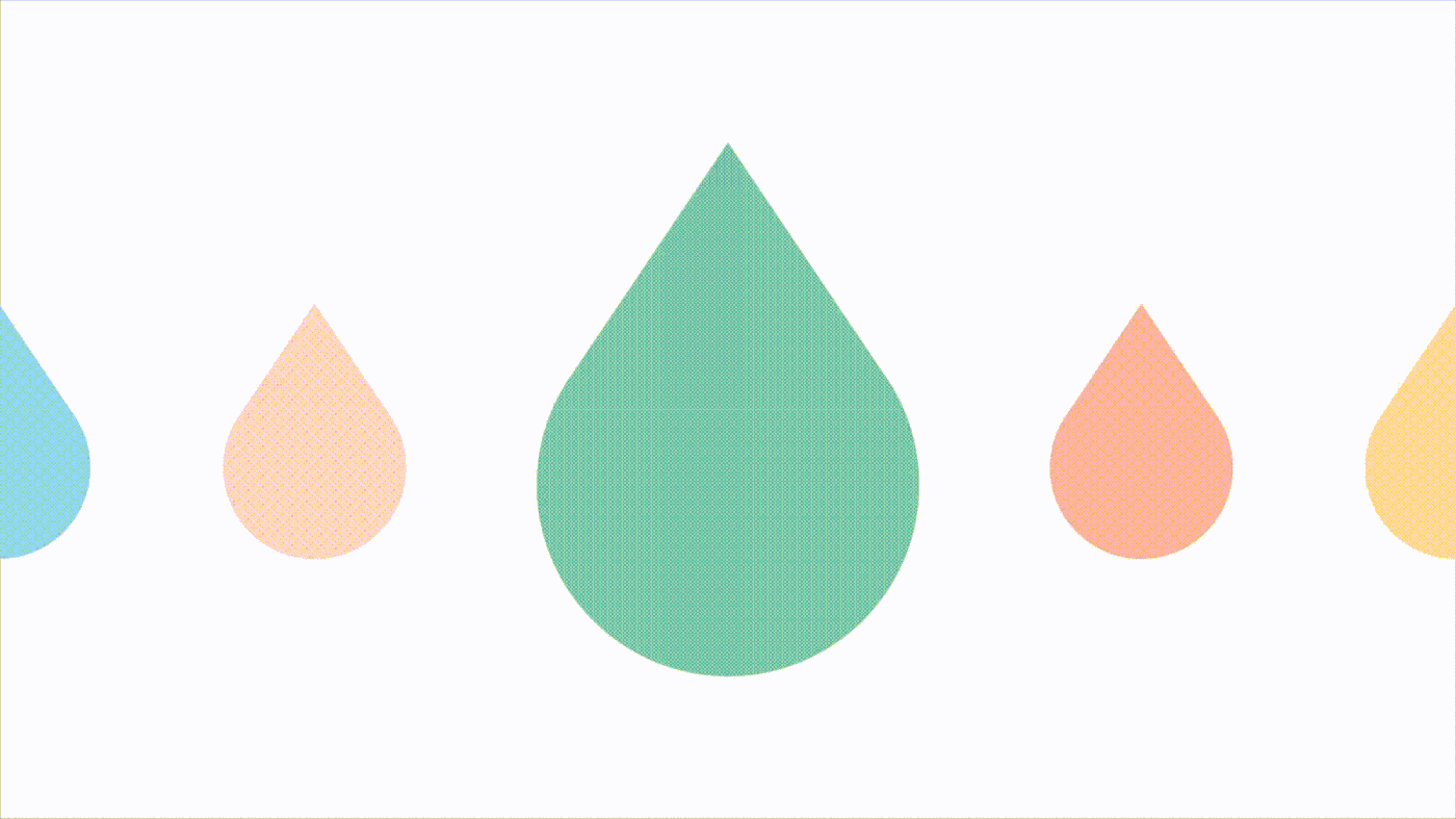 Row of Planty droplets in different sizes and flavour colors on pale ground