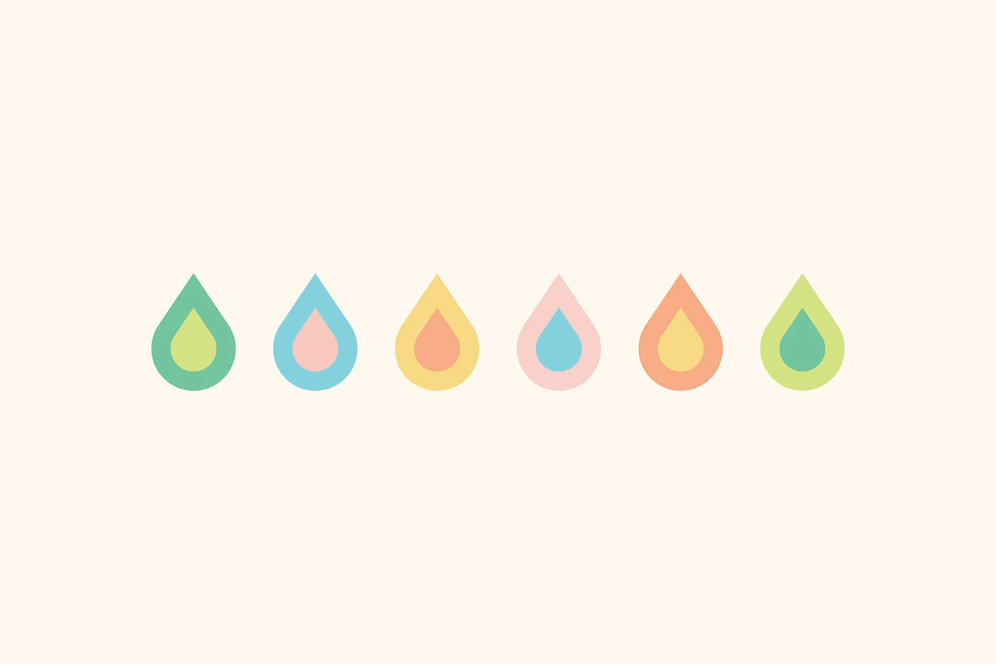 Six Planty droplet icons in flavour colors lined up on a cream ground