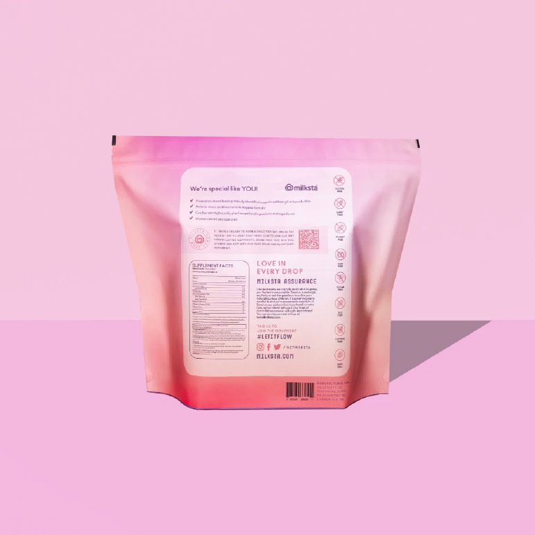 Milksta pouch back with the information panel, barcode and icon row