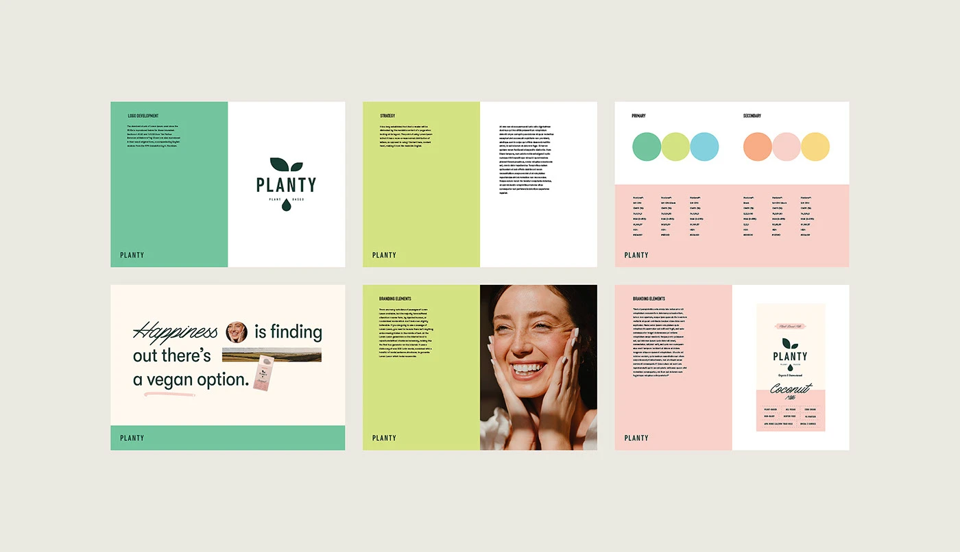 Six Planty guideline panels with the logo, color chips, a portrait and carton